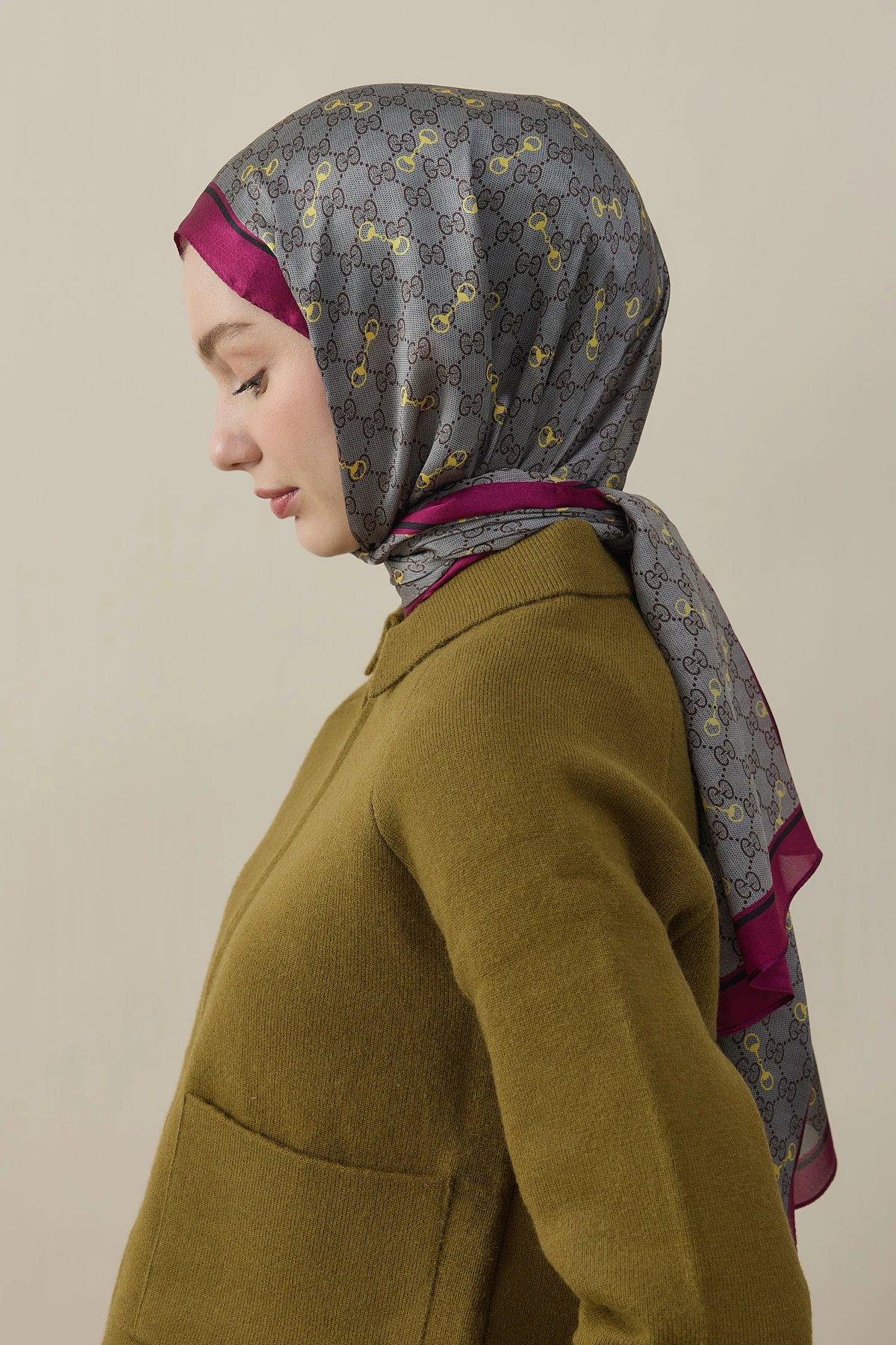 Kelepçe Desen İpek Vual Şal - Koyu Fuşya