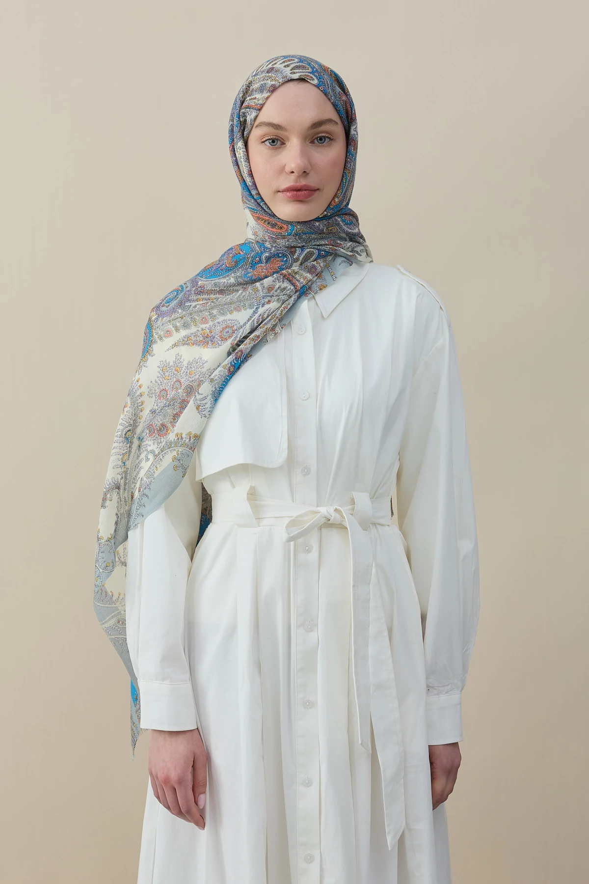 Tropikal Badem Desen Yün İpek Şal - Mavi-Gümüş