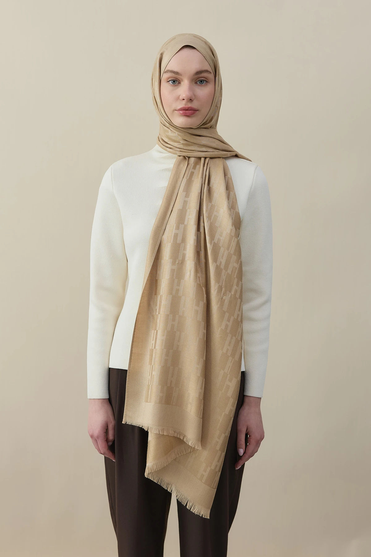 H Desen Kaşmir İpek Şal - Gold