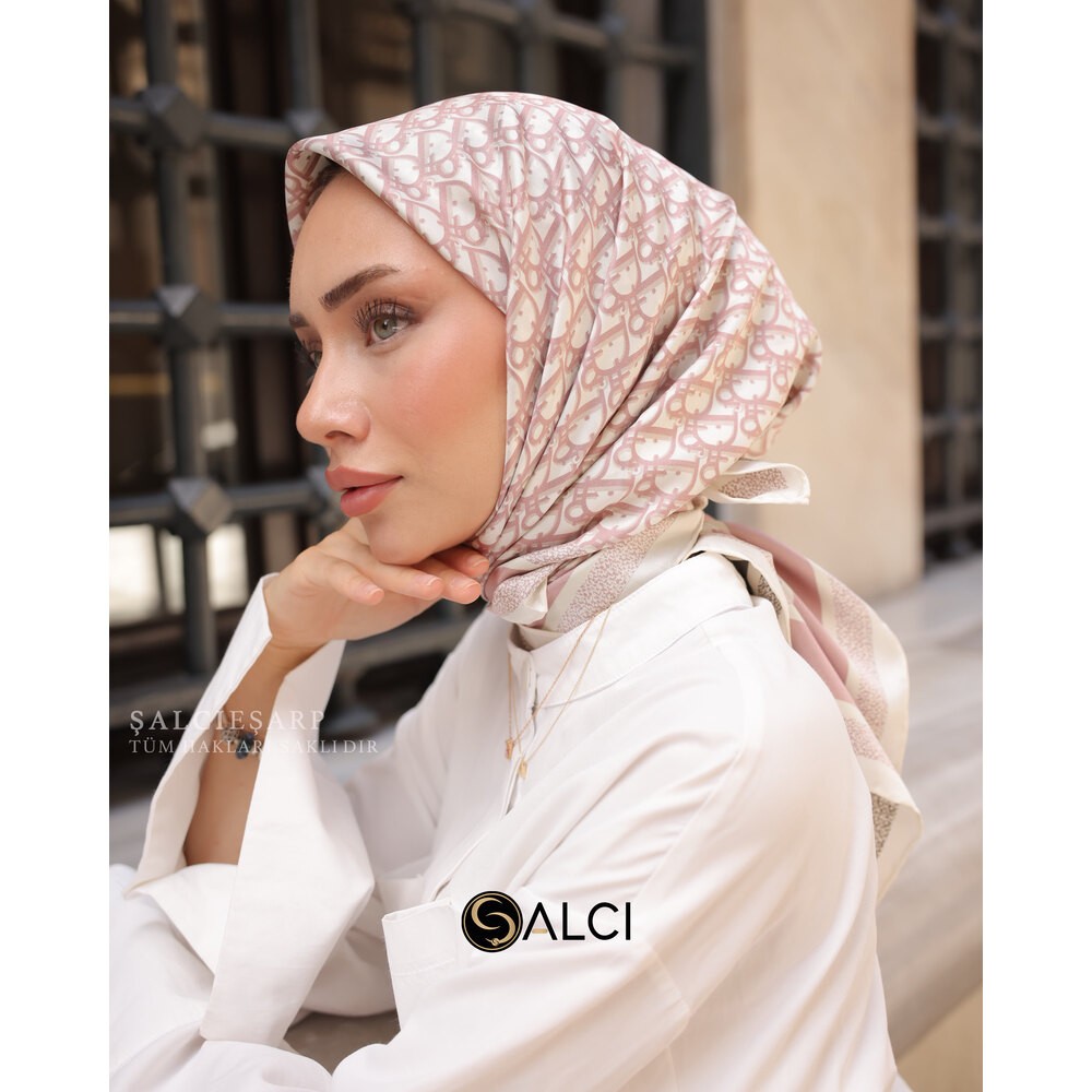 %100 twill ipek eşarp çift taraflı (pudra/gri)