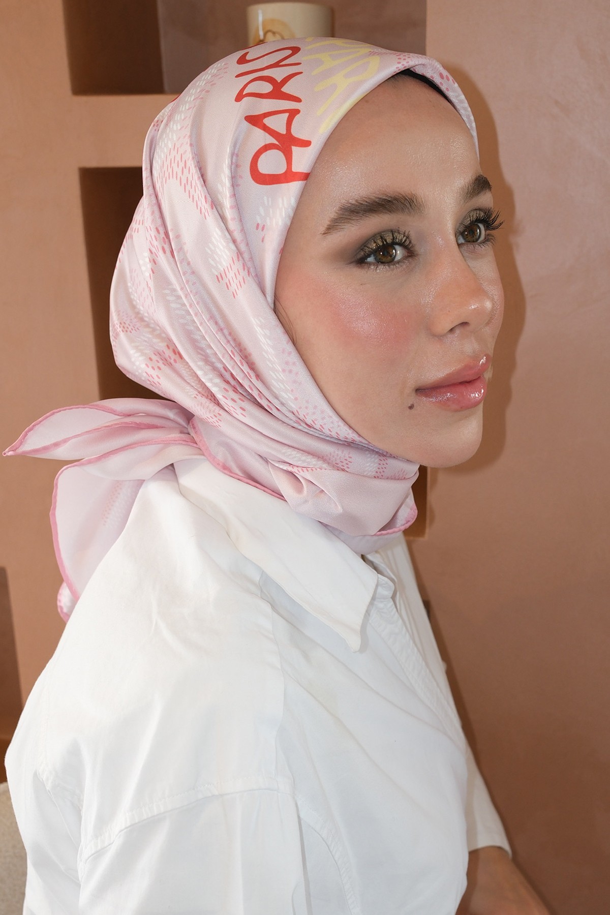 Yazı Desen Twill İthal Eşarp - Pudra