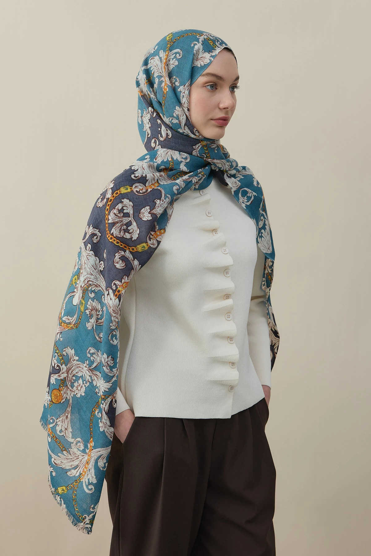 Barok Desen Yün İpek Şal