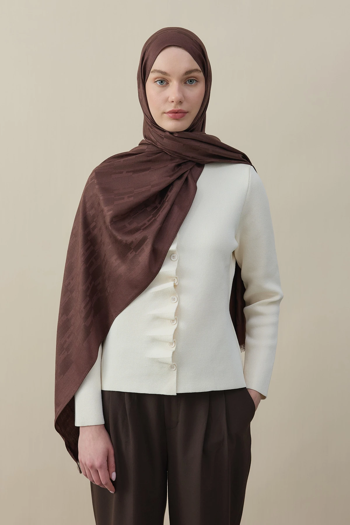 H Desen Kaşmir İpek Şal - Kahverengi