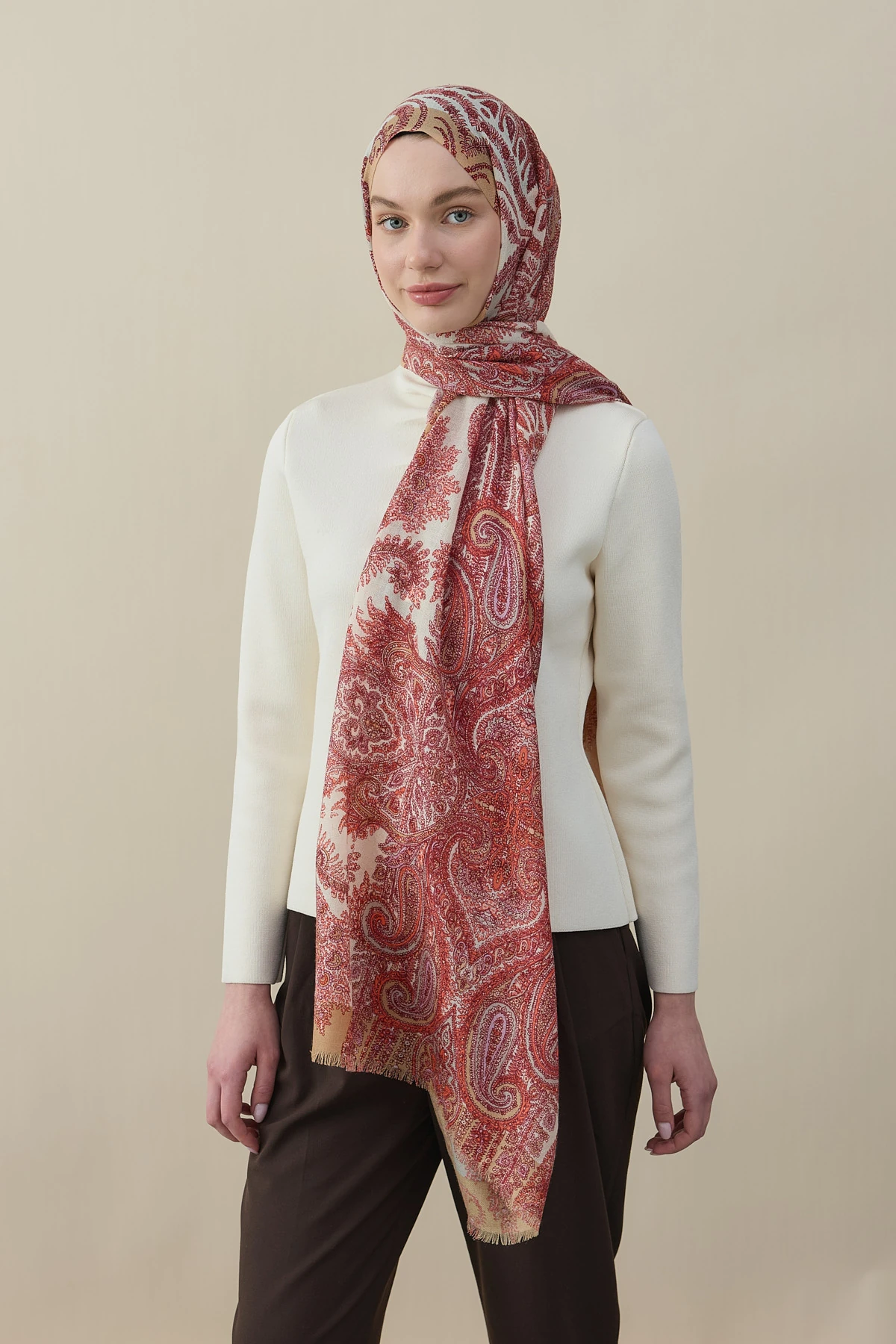 Tropikal Badem Desen Yün İpek Şal