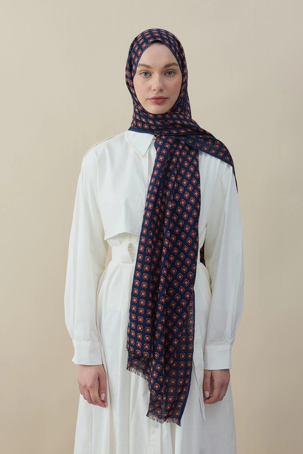 Navy Motif Yün İpek Şal - -