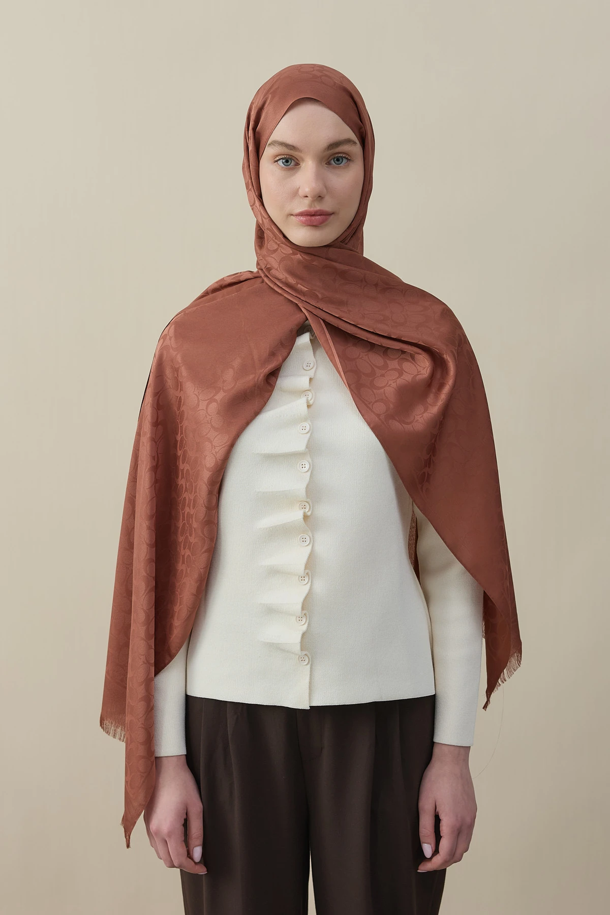 C Desen Pamuk İpek Şal - Taba