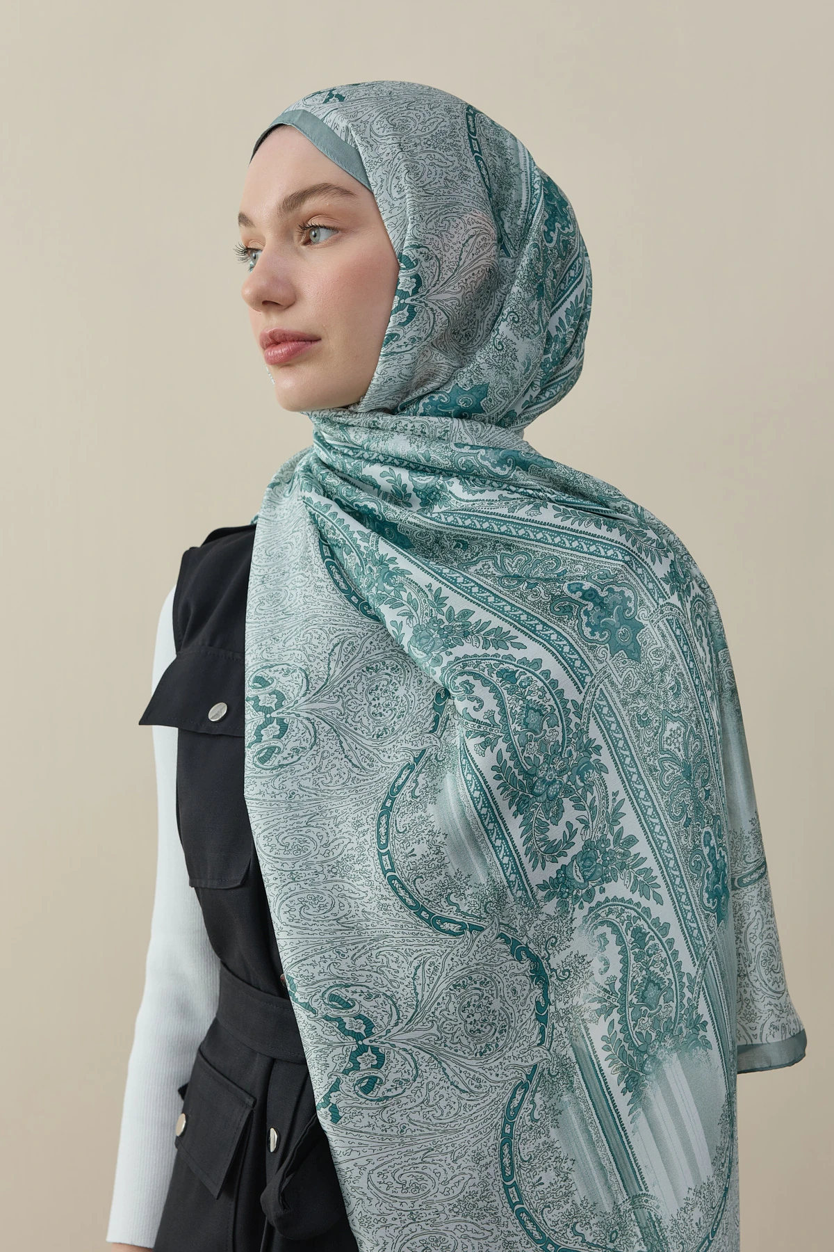 Etnik Desen Vual İpek Şal - Mint Yeşili