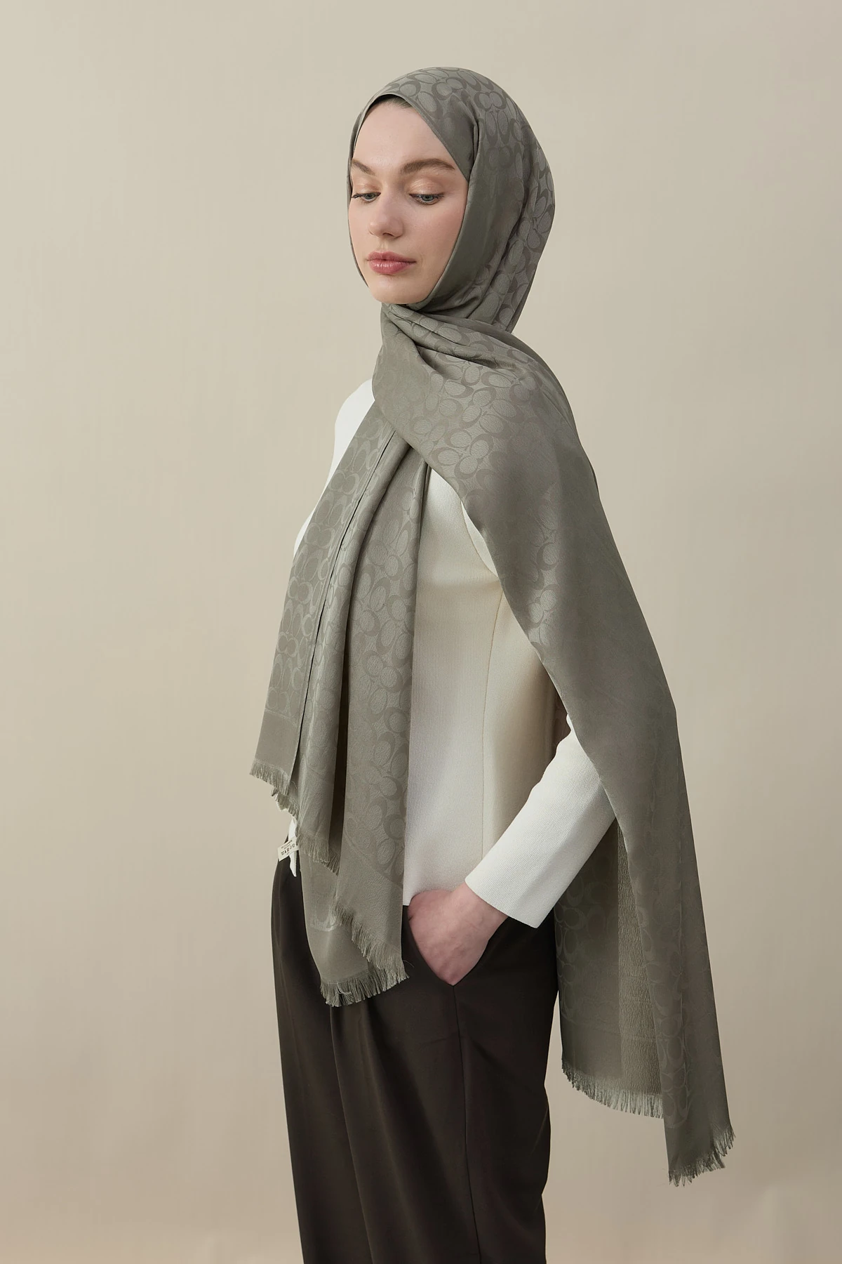 C Desen Pamuk İpek Şal - Vizon