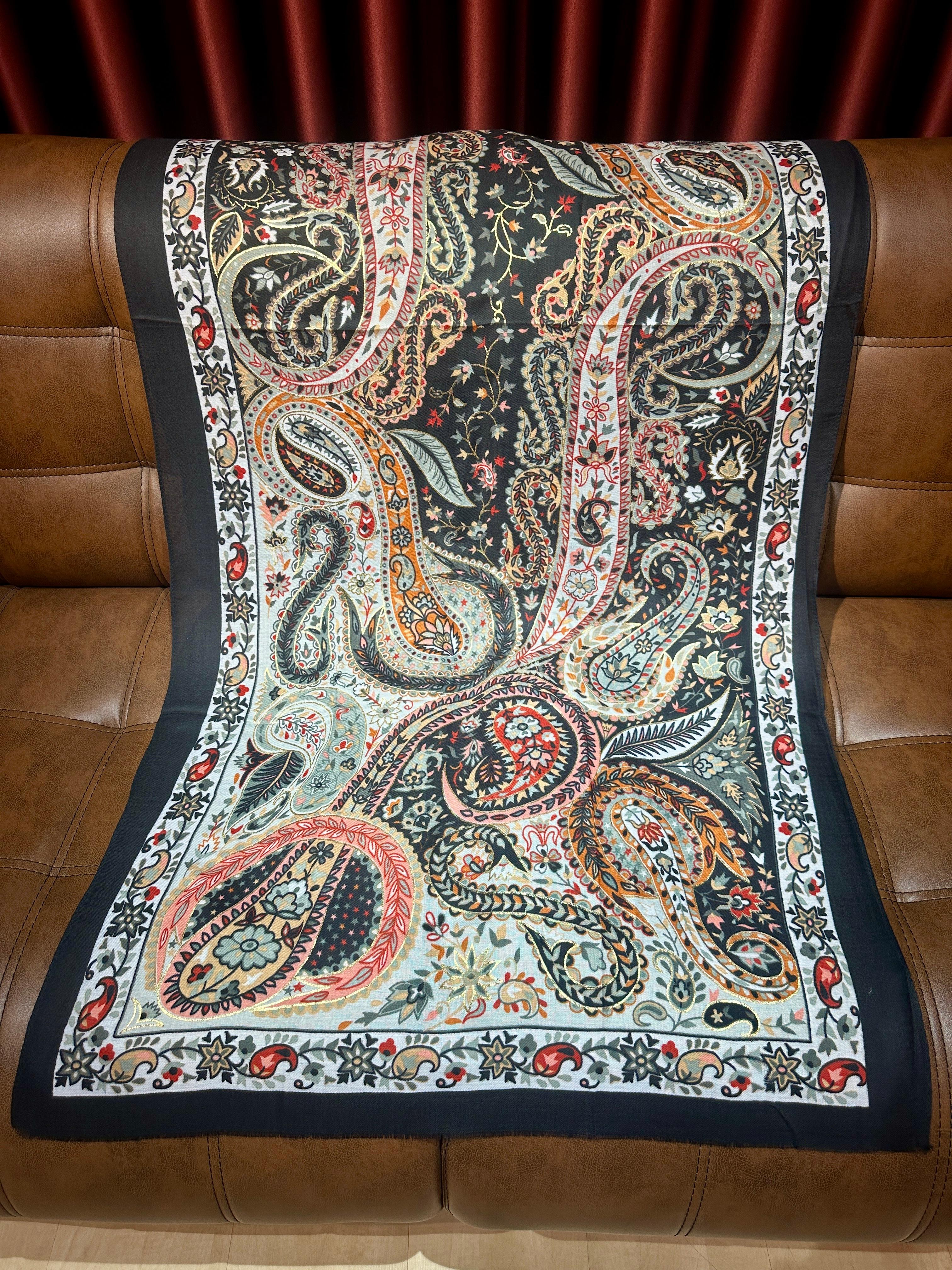 ETNİK DESEN YÜN KOTON ŞAL - Siyah