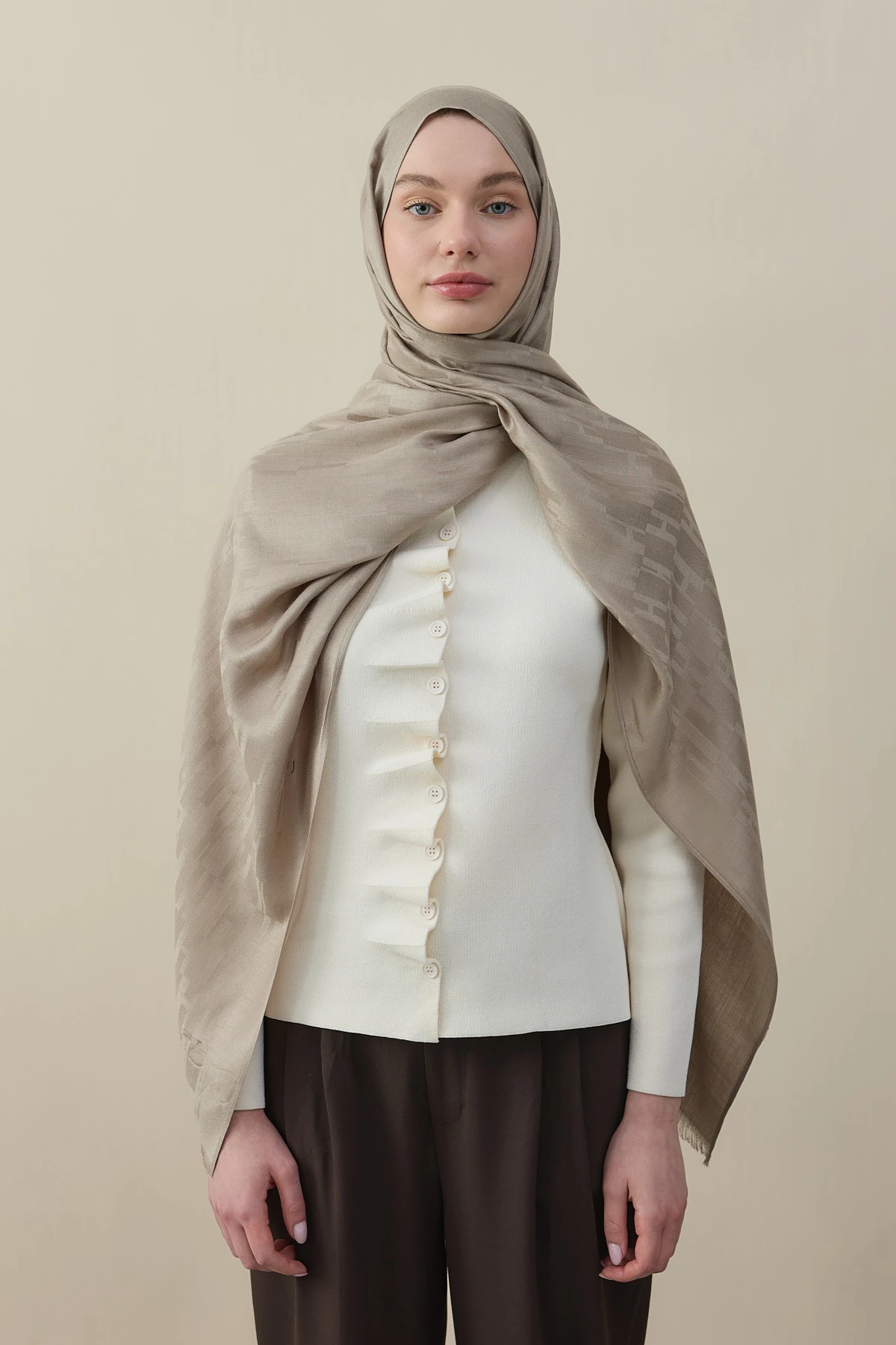 H Desen Kaşmir İpek Şal - Vizon