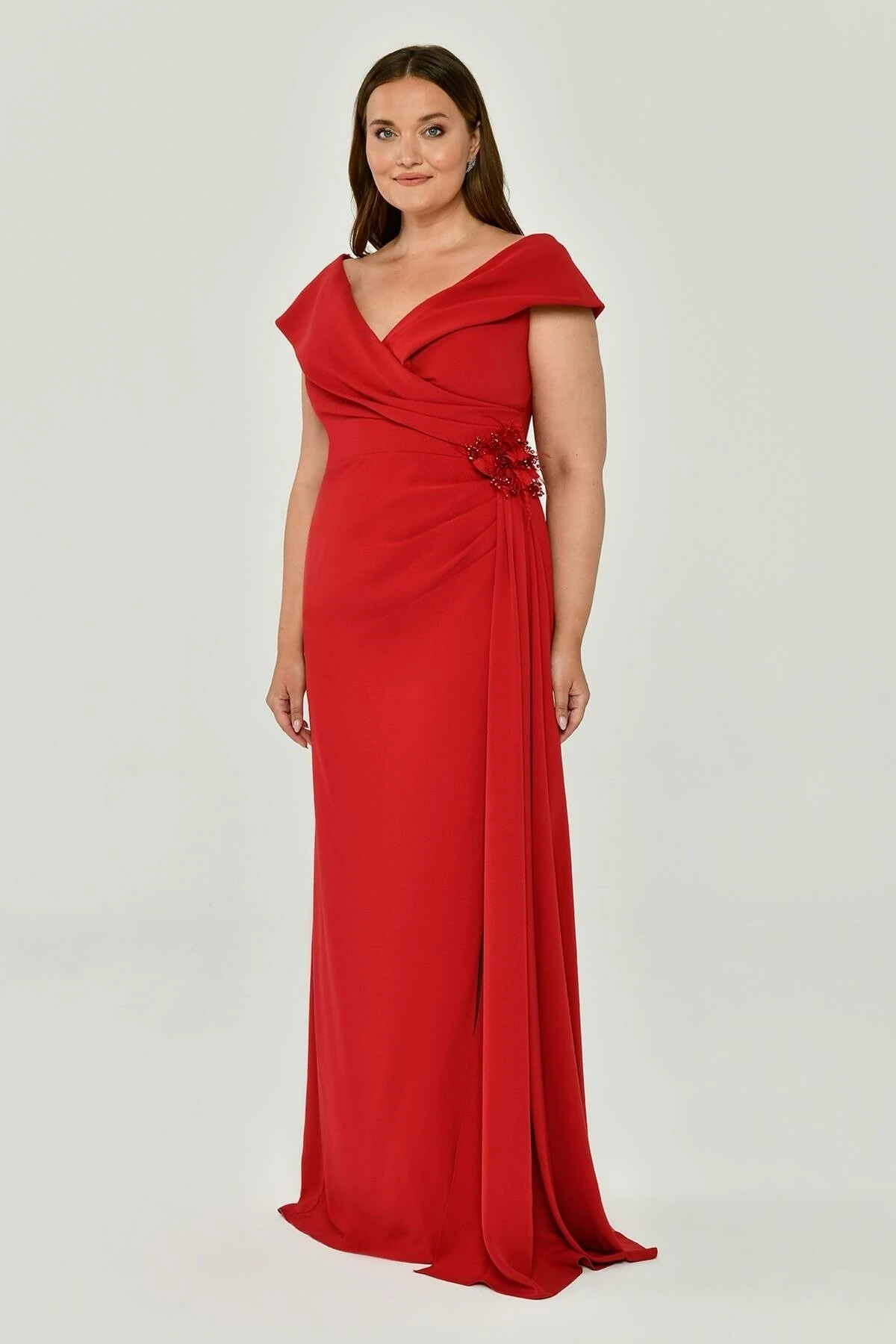 ALFABETA 6429 V Yaka Yırtmaçlı Krep Uzun Abiye Elbise