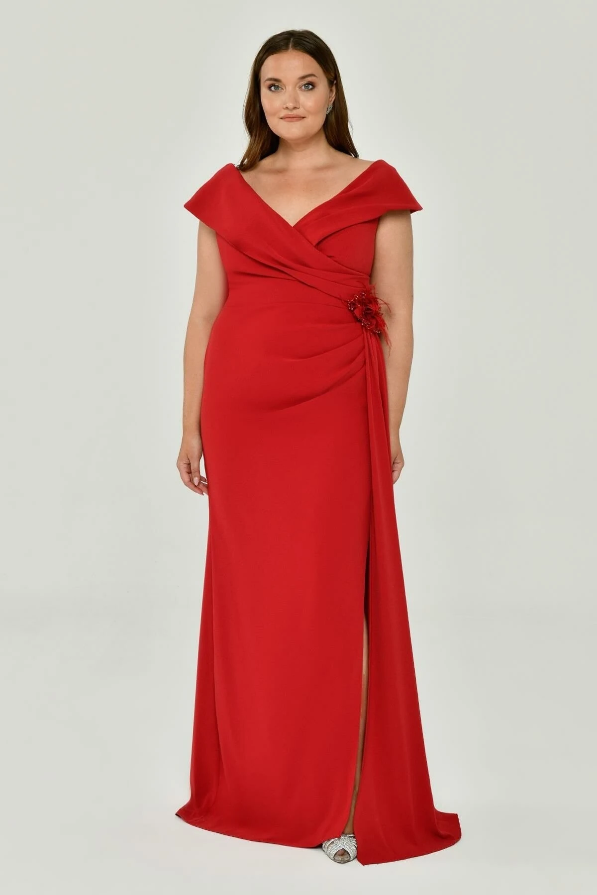 ALFABETA 6429 V Yaka Yırtmaçlı Krep Uzun Abiye Elbise