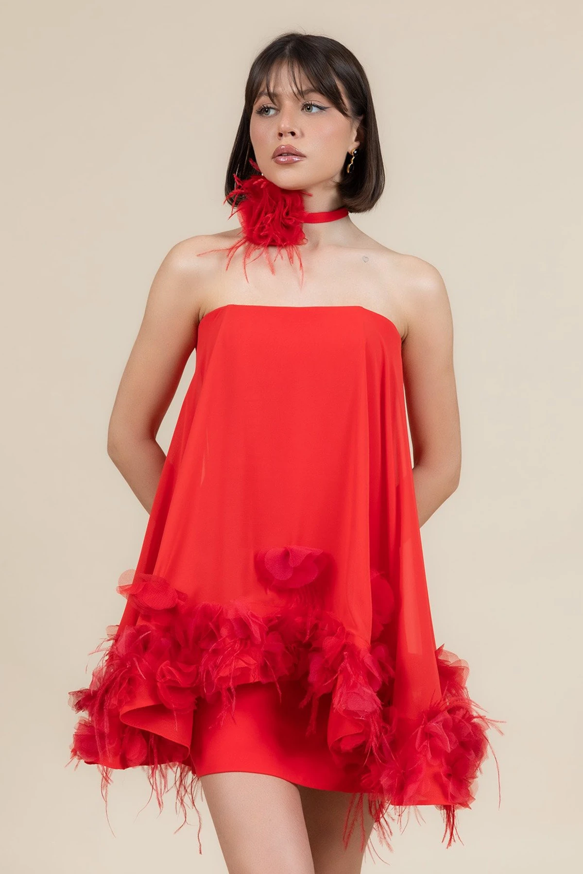 ALFABETA 6381 Straplez Şifon Kısa Elbise