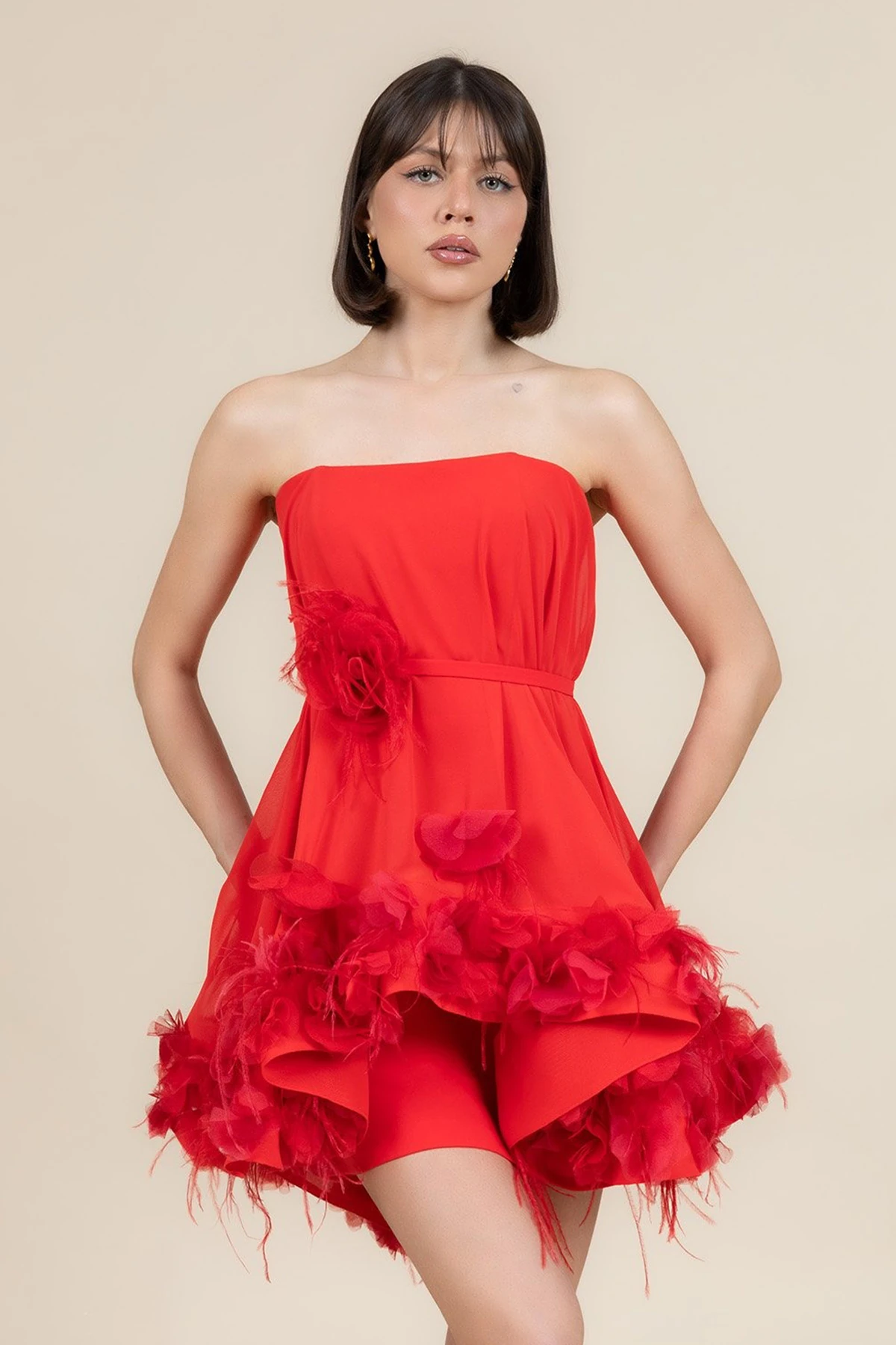 ALFABETA 6381 Straplez Şifon Kısa Elbise