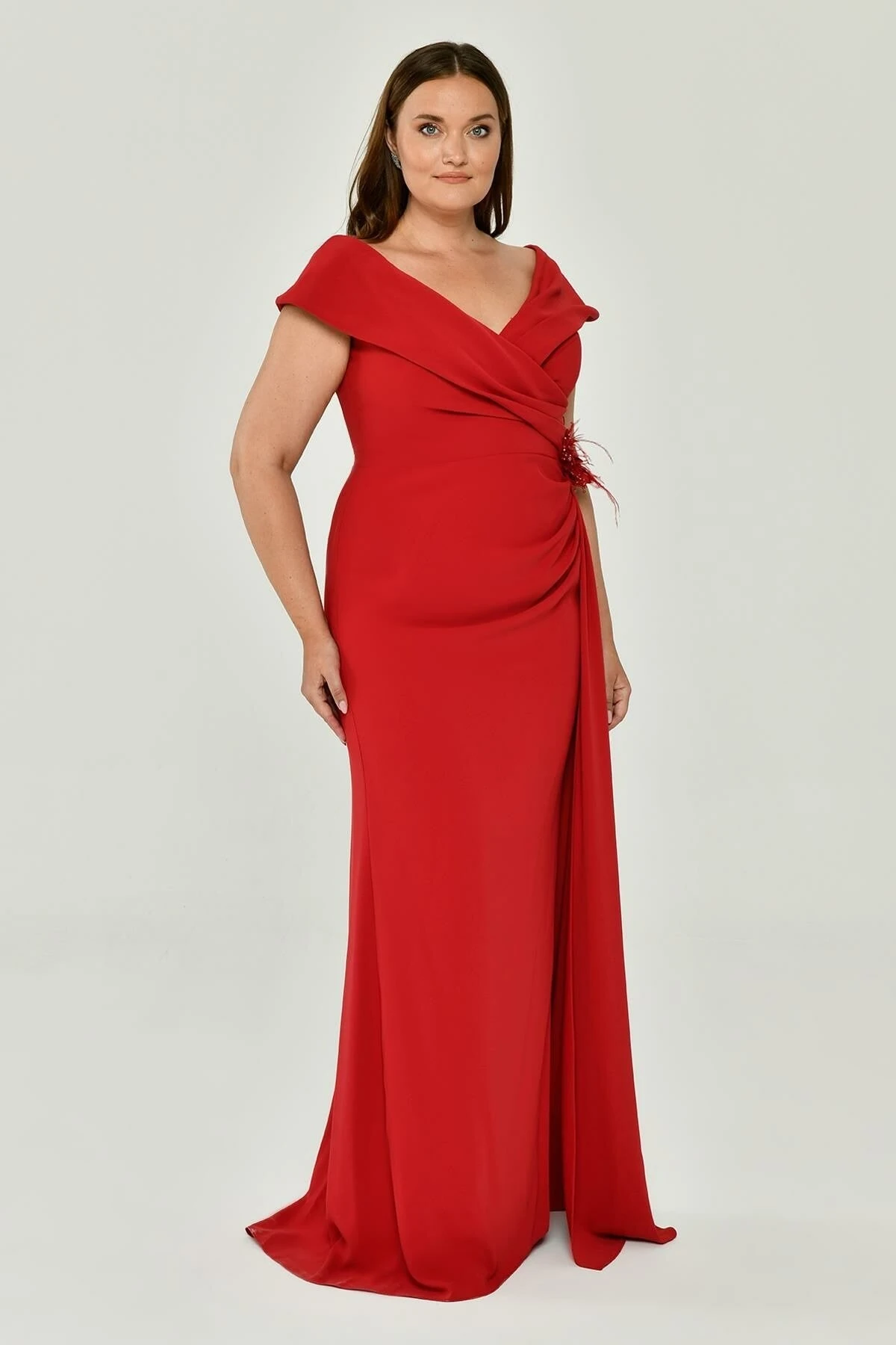 ALFABETA 6429 V Yaka Yırtmaçlı Krep Uzun Abiye Elbise