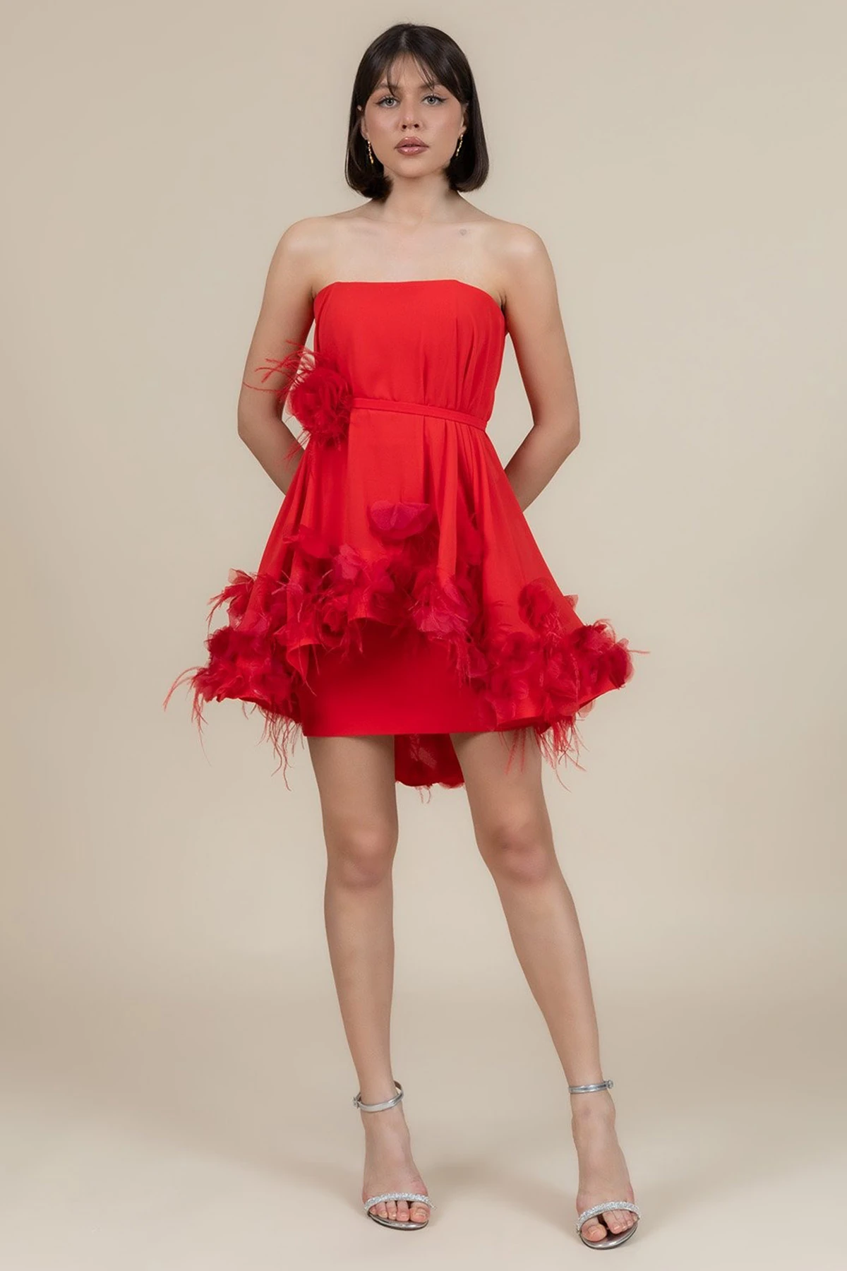 ALFABETA 6381 Straplez Şifon Kısa Elbise