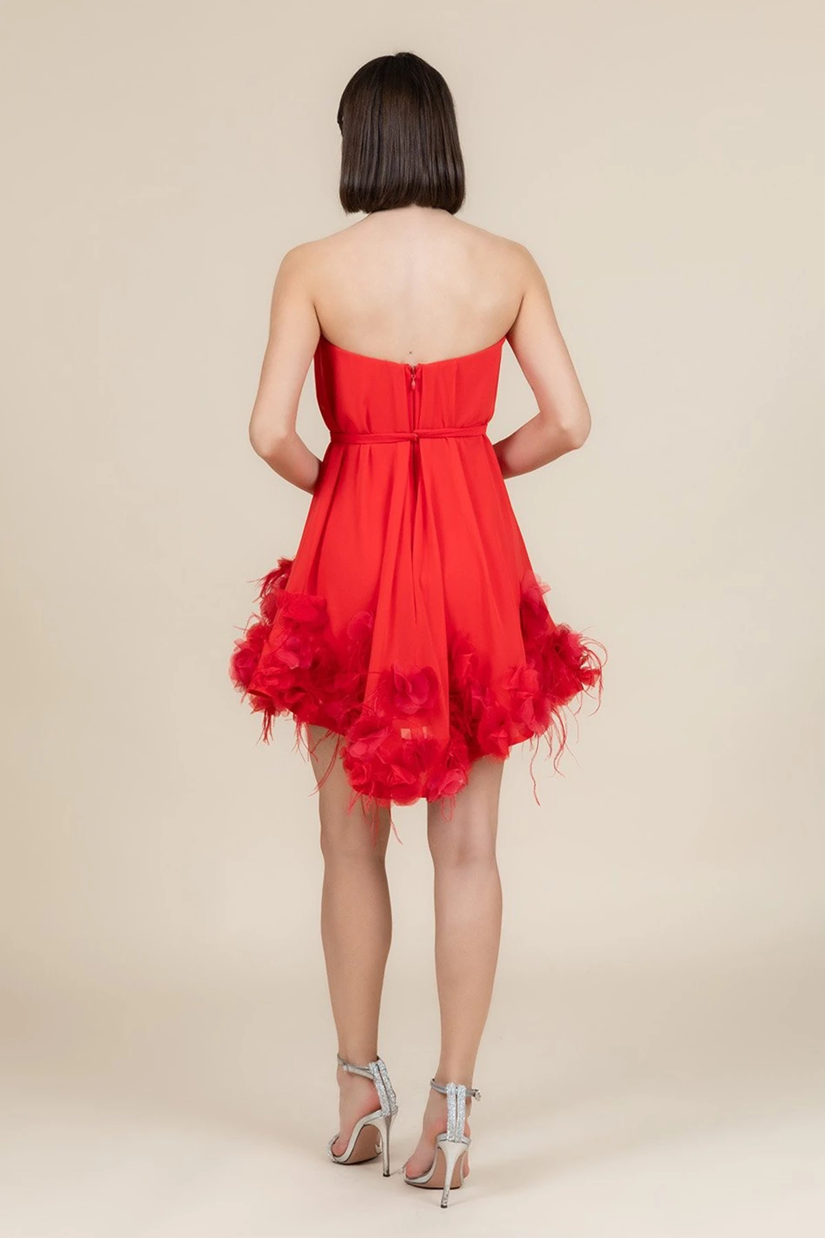 ALFABETA 6381 Straplez Şifon Kısa Elbise