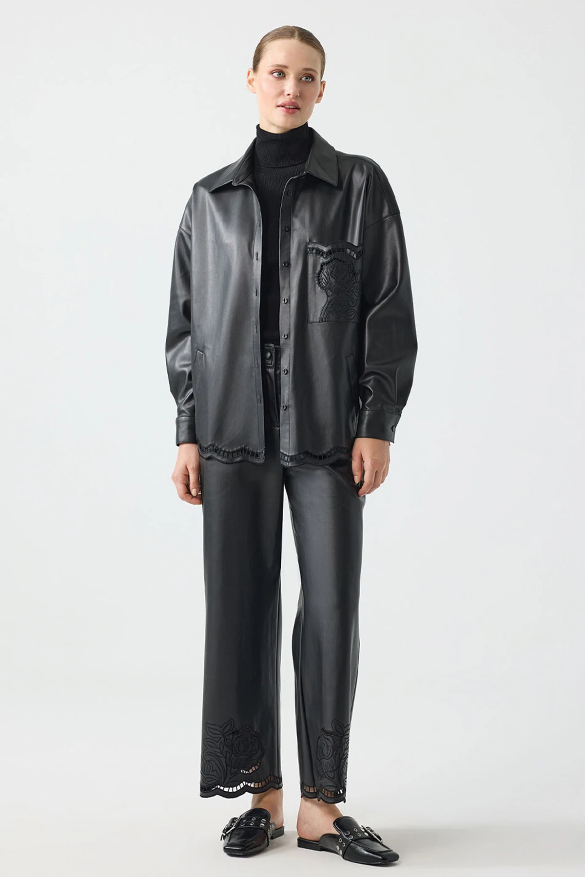 UNIQUE UW267008 NAKIŞ DETAYLI UZUN DERİ GÖMLEK