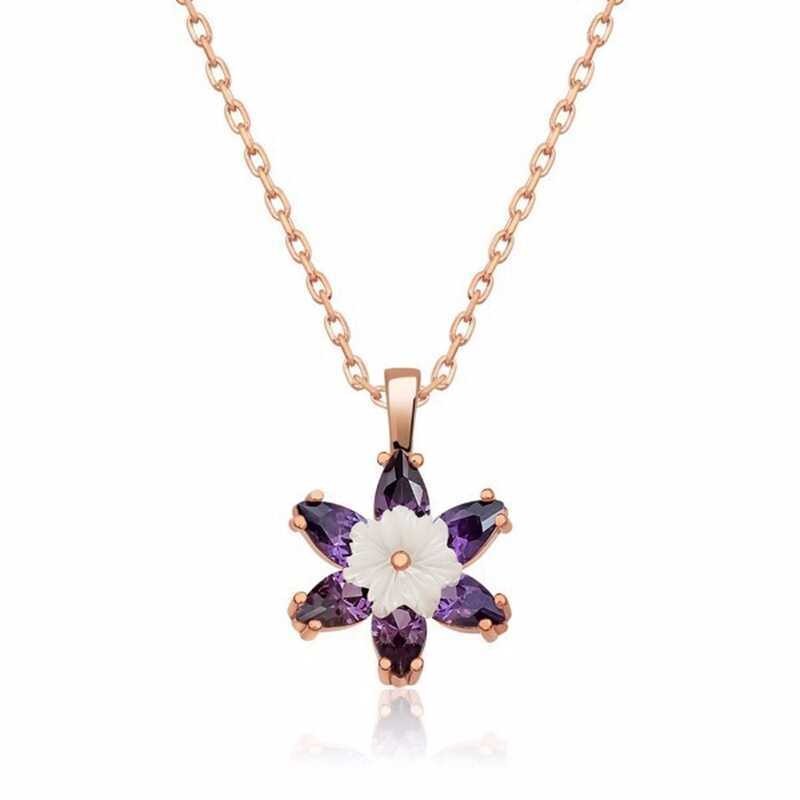 Gümüş Rose Mor Lotus Çiçeği Kolye
