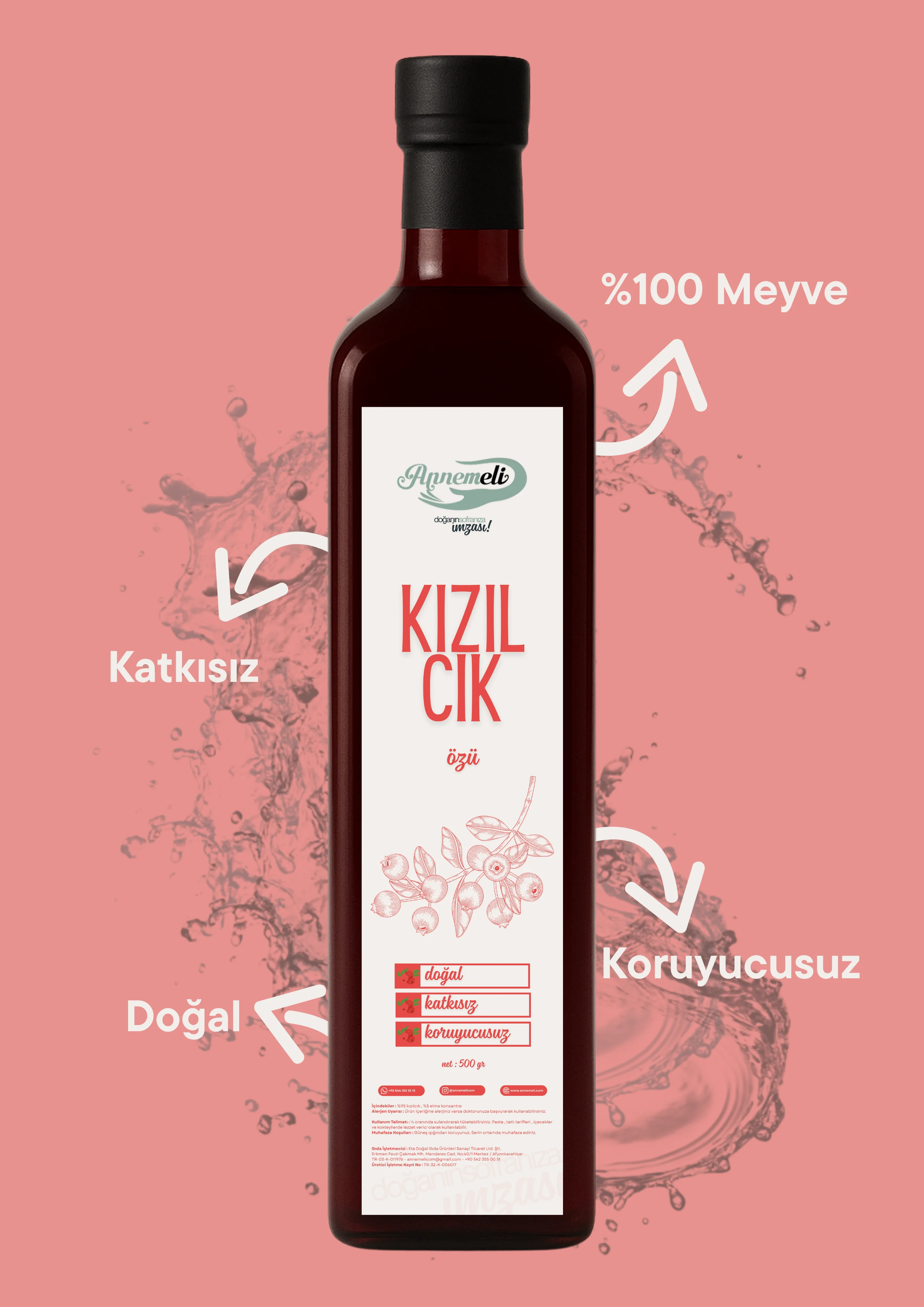 Kızılcık Özü - Doğal , Katkısız - 500 ml