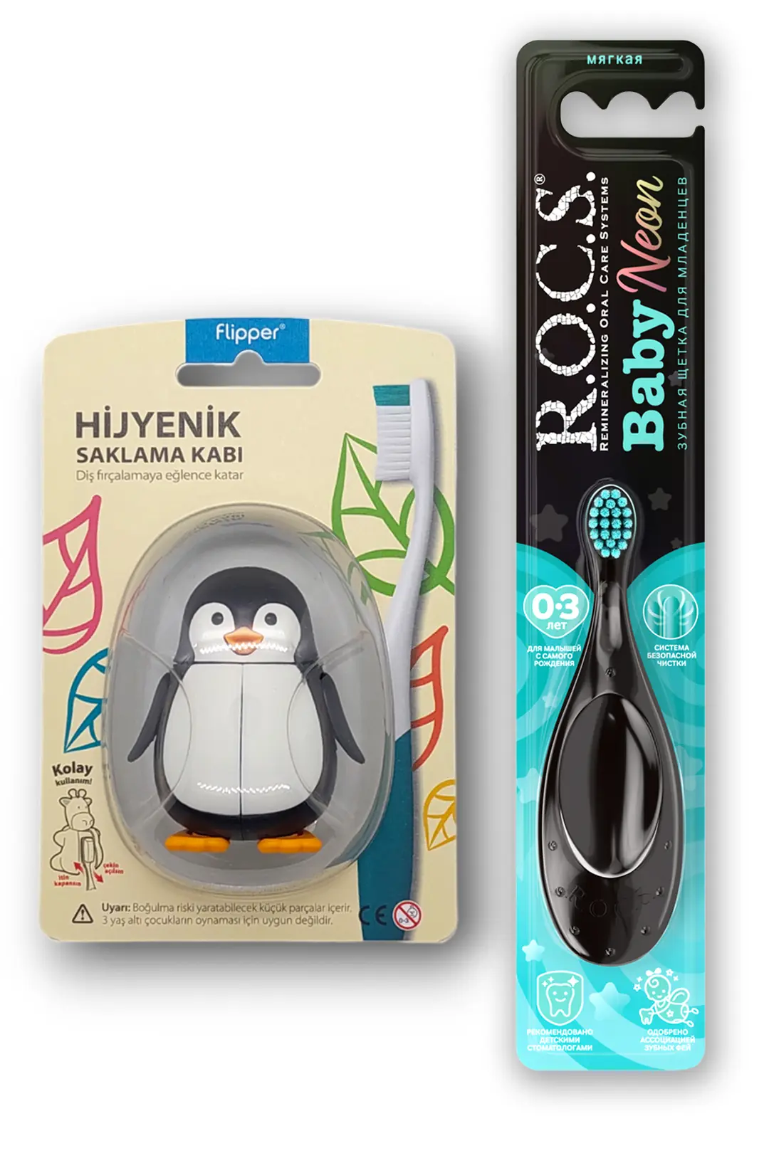ROCS Baby Neon 0-3 Yaş Diş Fırçası Turkuaz Ve Flipper Hijyenik Saklama Kabı Seti - Penguen