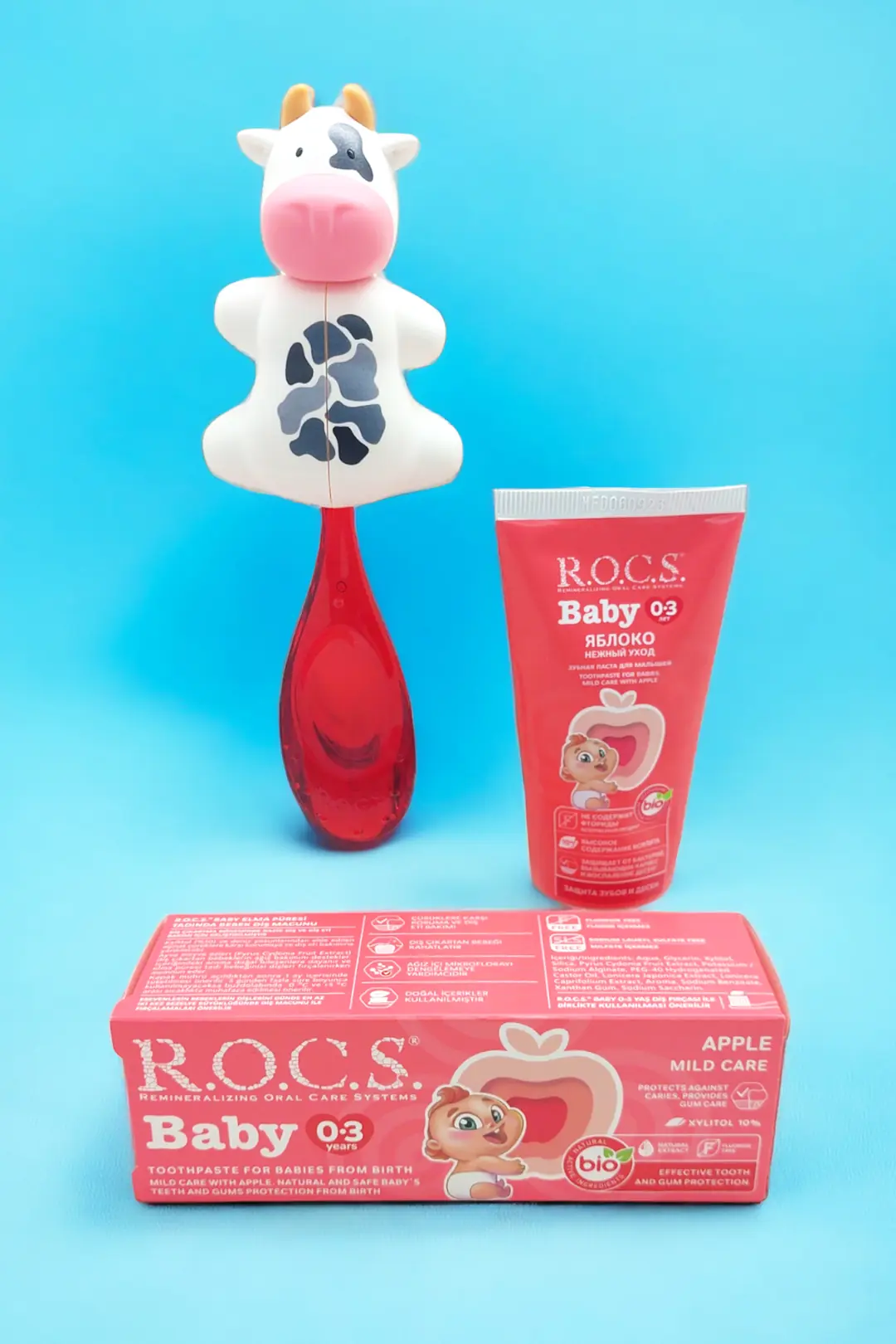Rocs Baby Komple Ağız Bakım Seti - Bebek Diş Macunu Bebek Diş Fırçası Inek Flipper Saklama Kabı