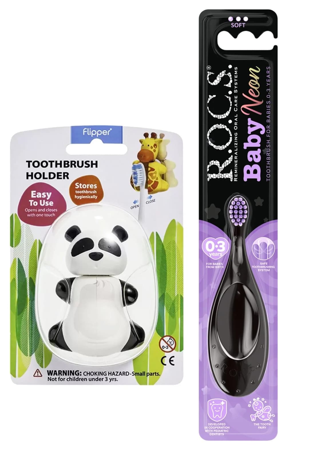 ROCS Baby Neon 0-3 Yaş Diş Fırçası Mor Ve Flipper Hijyenik Saklama Kabı Seti - Panda Figürlü