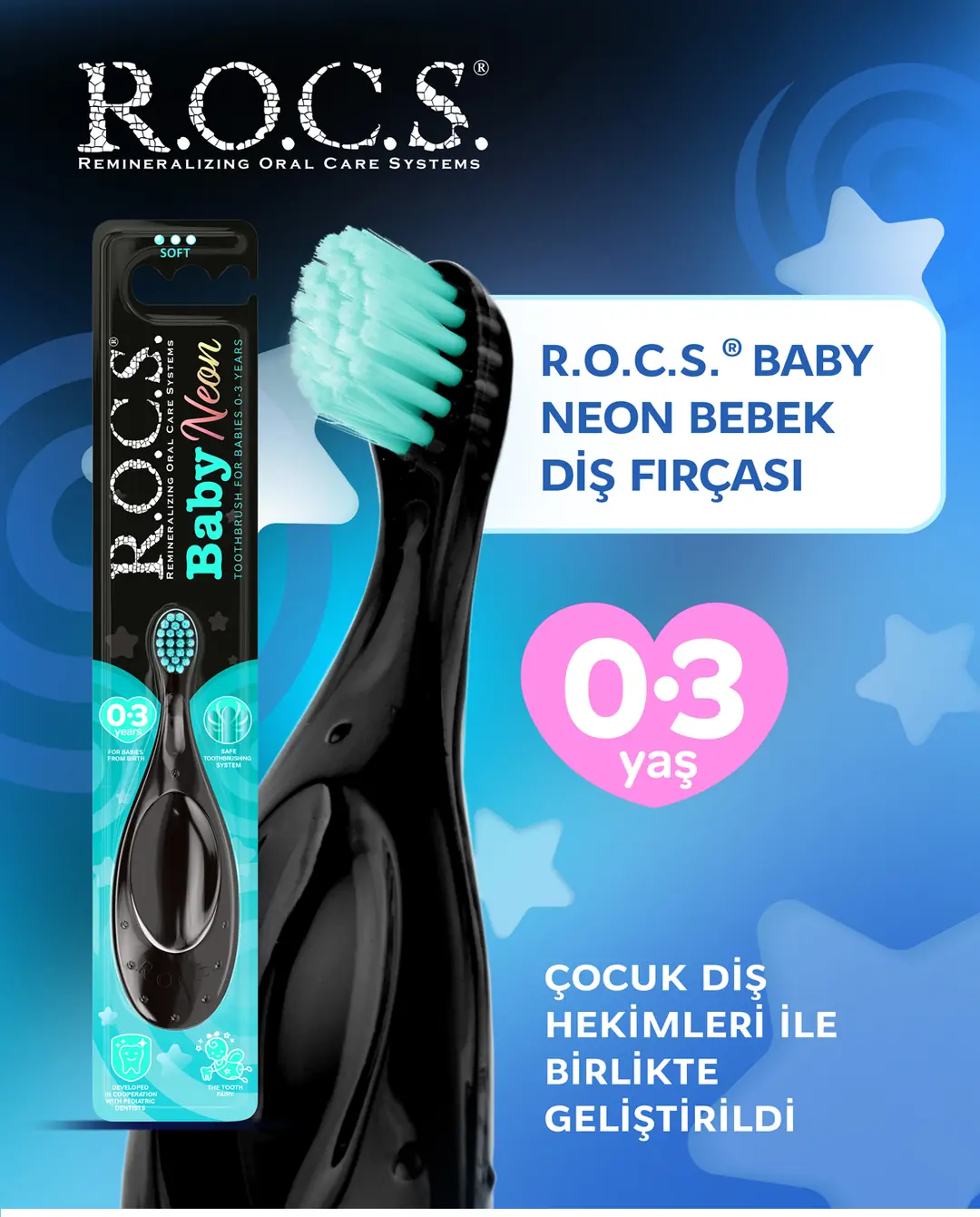 ROCS Baby Neon 0-3 Yaş Diş Fırçası Turkuaz Ve Flipper Hijyenik