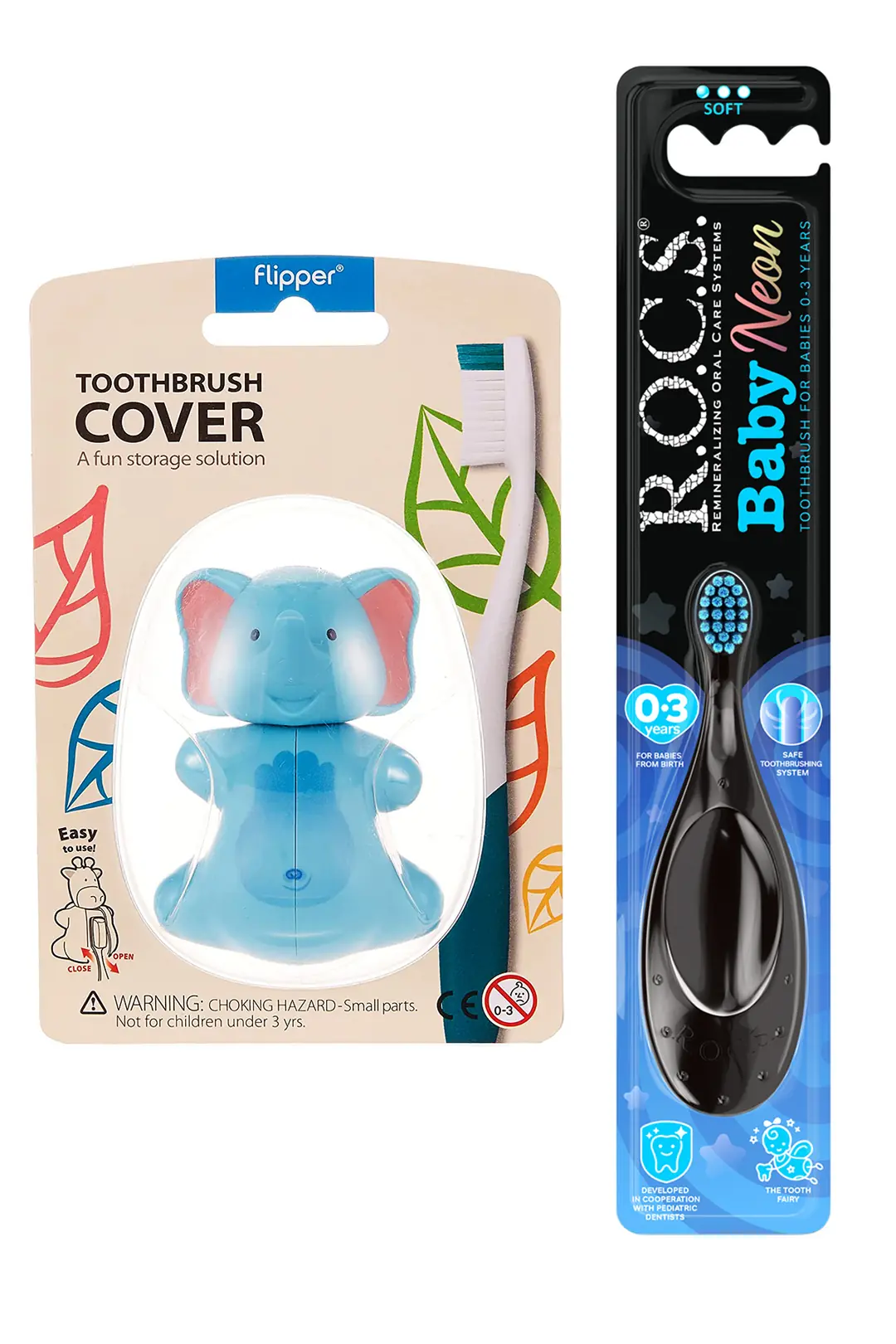 ROCS Baby Neon 0-3 Yaş Diş Fırçası Mavi Ve Flipper Hijyenik Saklama Kabı Seti -fil