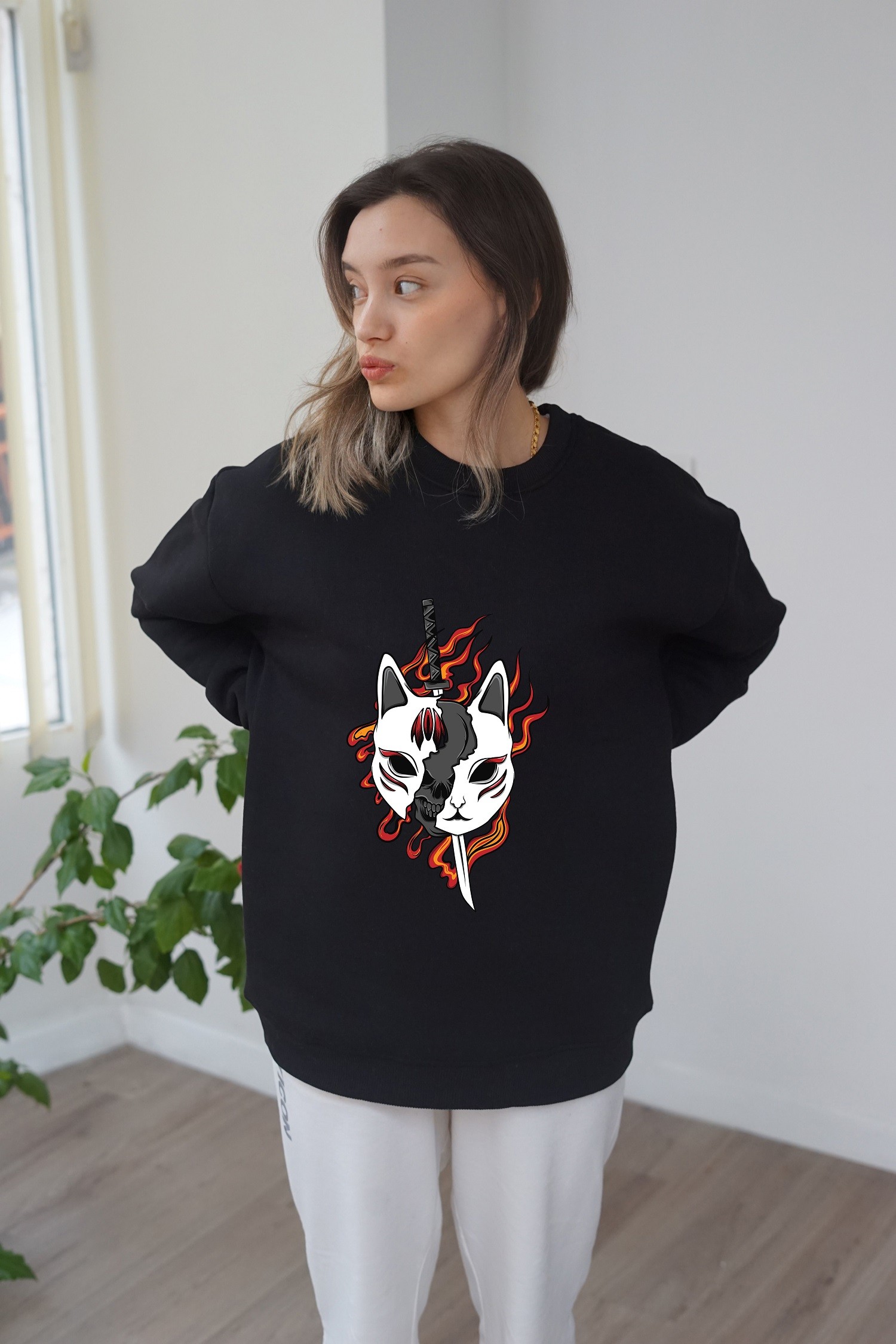 Unisex Kitsune Baskili Sweatshirt - Siyah