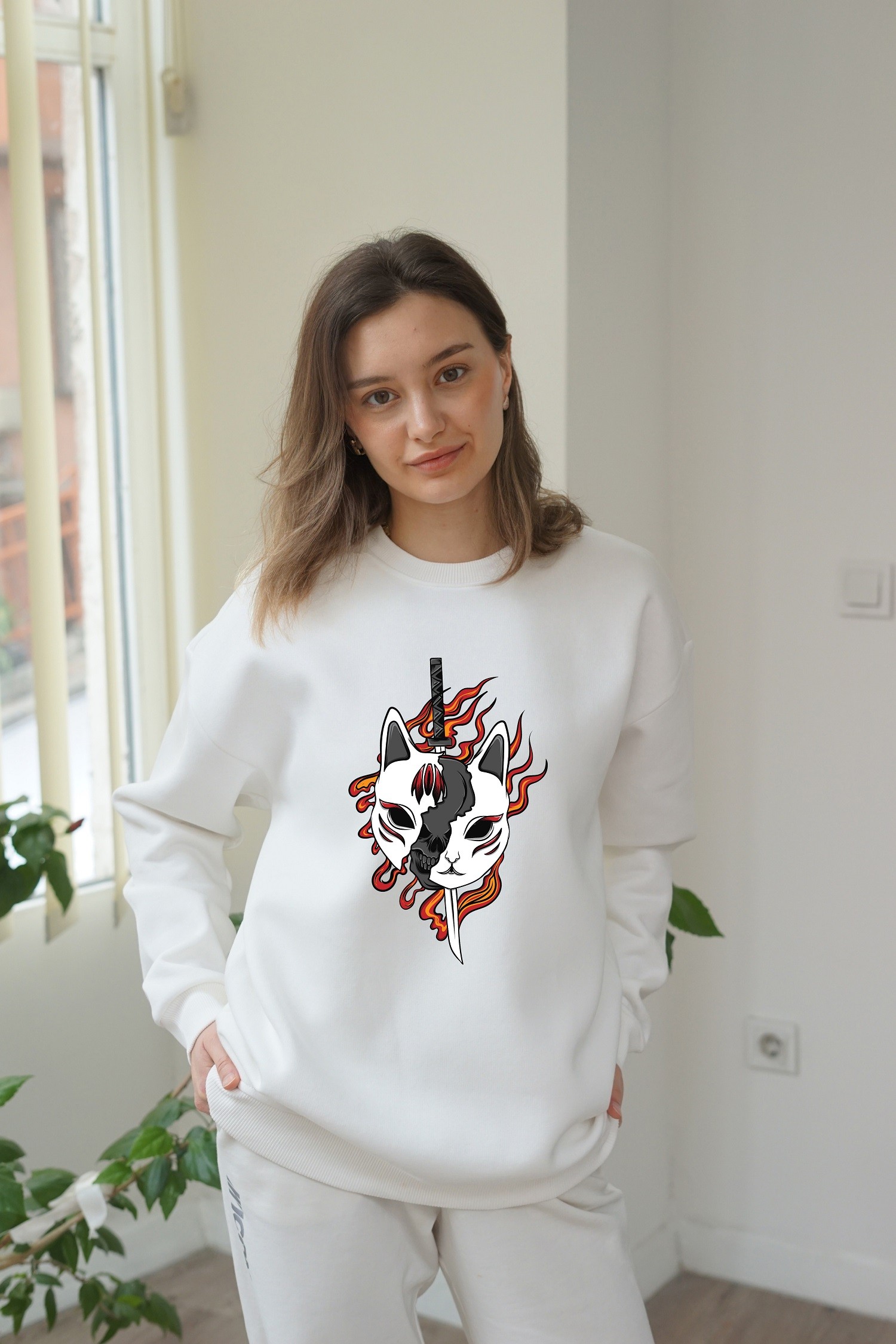 Unisex Kitsune Baskili Sweatshirt - Beyaz