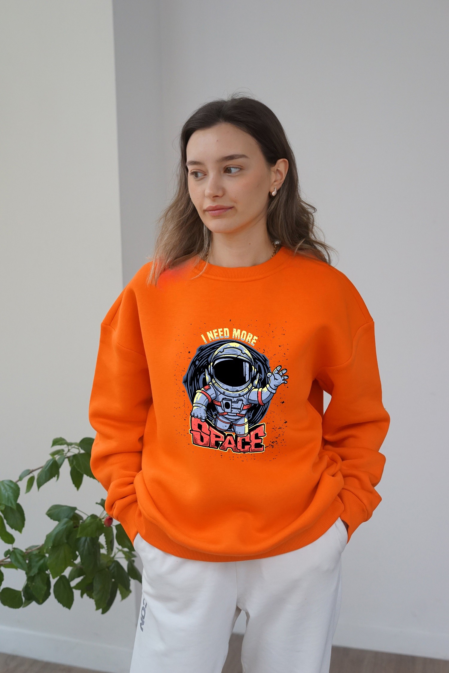 Unisex Space Baskili Sweatshirt - Turuncu