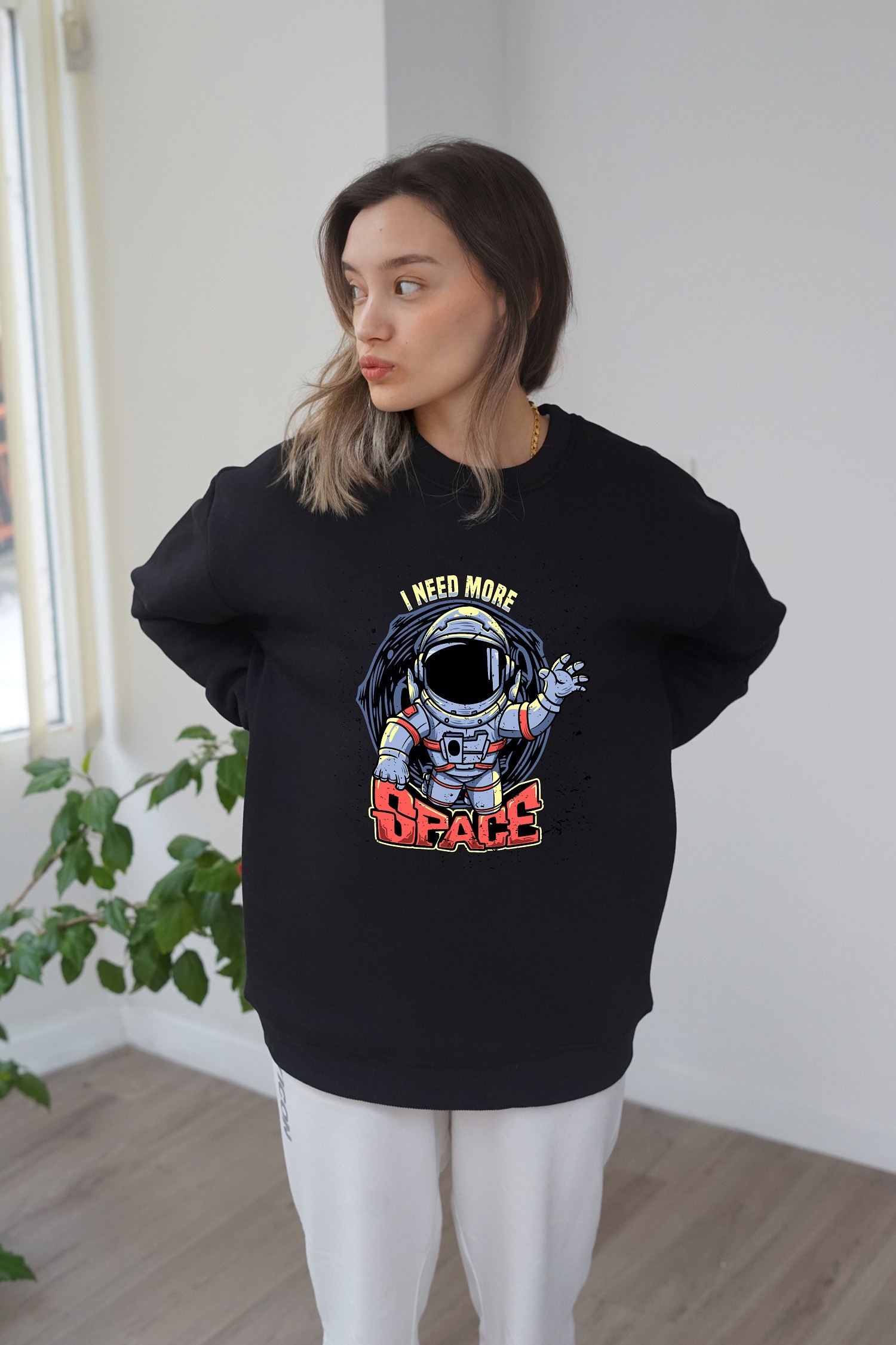 Unisex Space Baskili Sweatshirt - Siyah