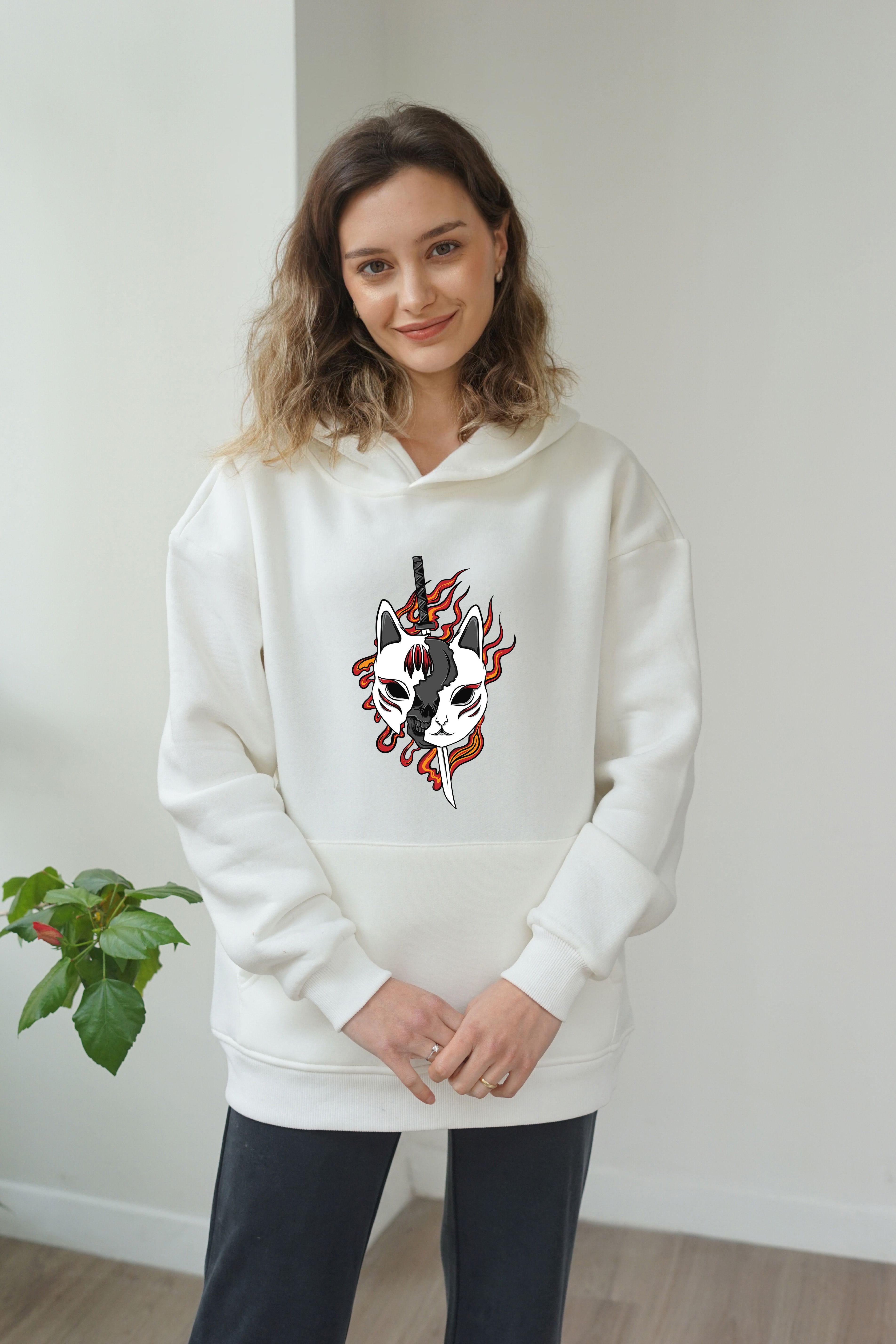 Unisex Kitsune Baskili Hoddie - Beyaz