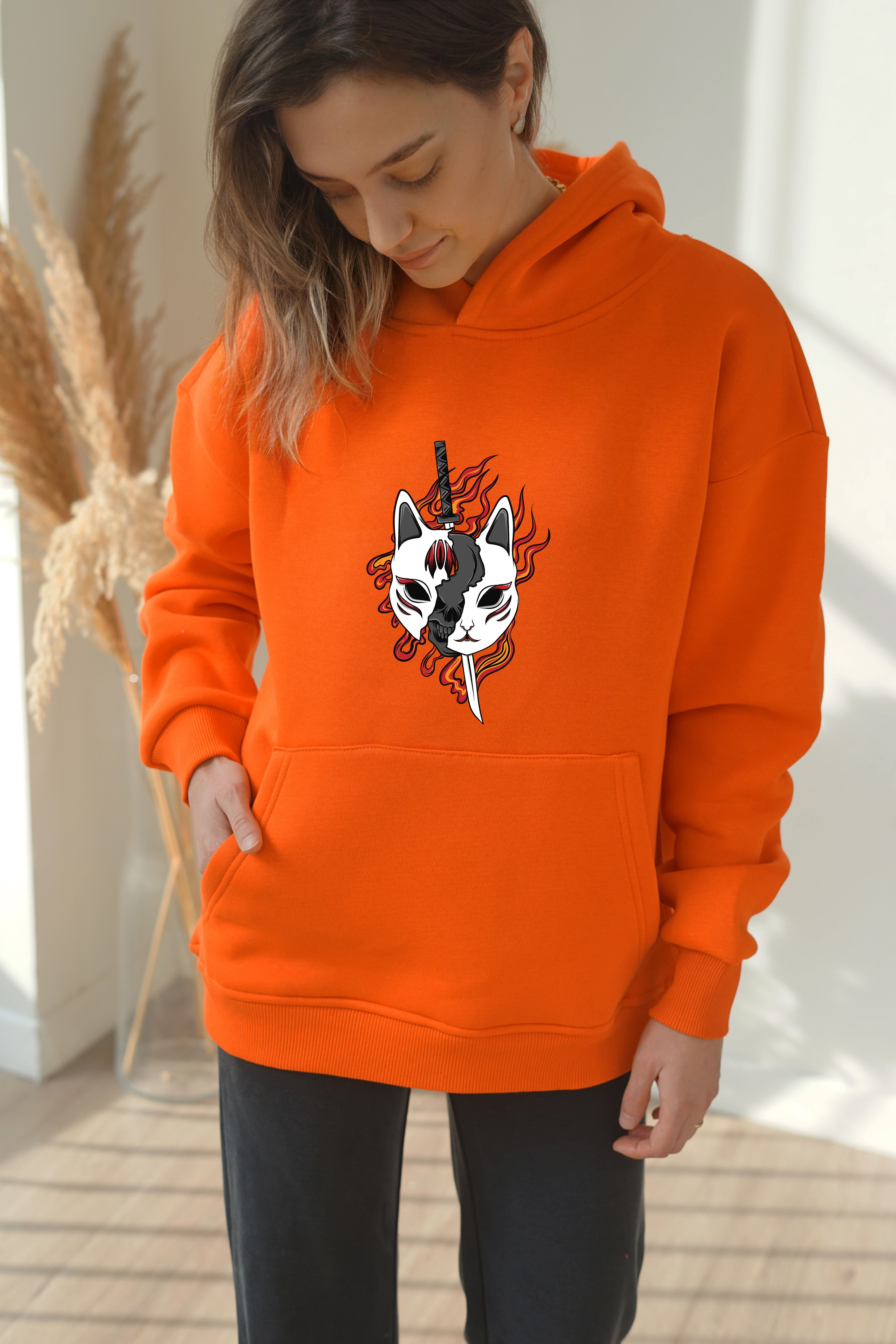 Unisex Kitsune Baskili Hoddie - Turuncu