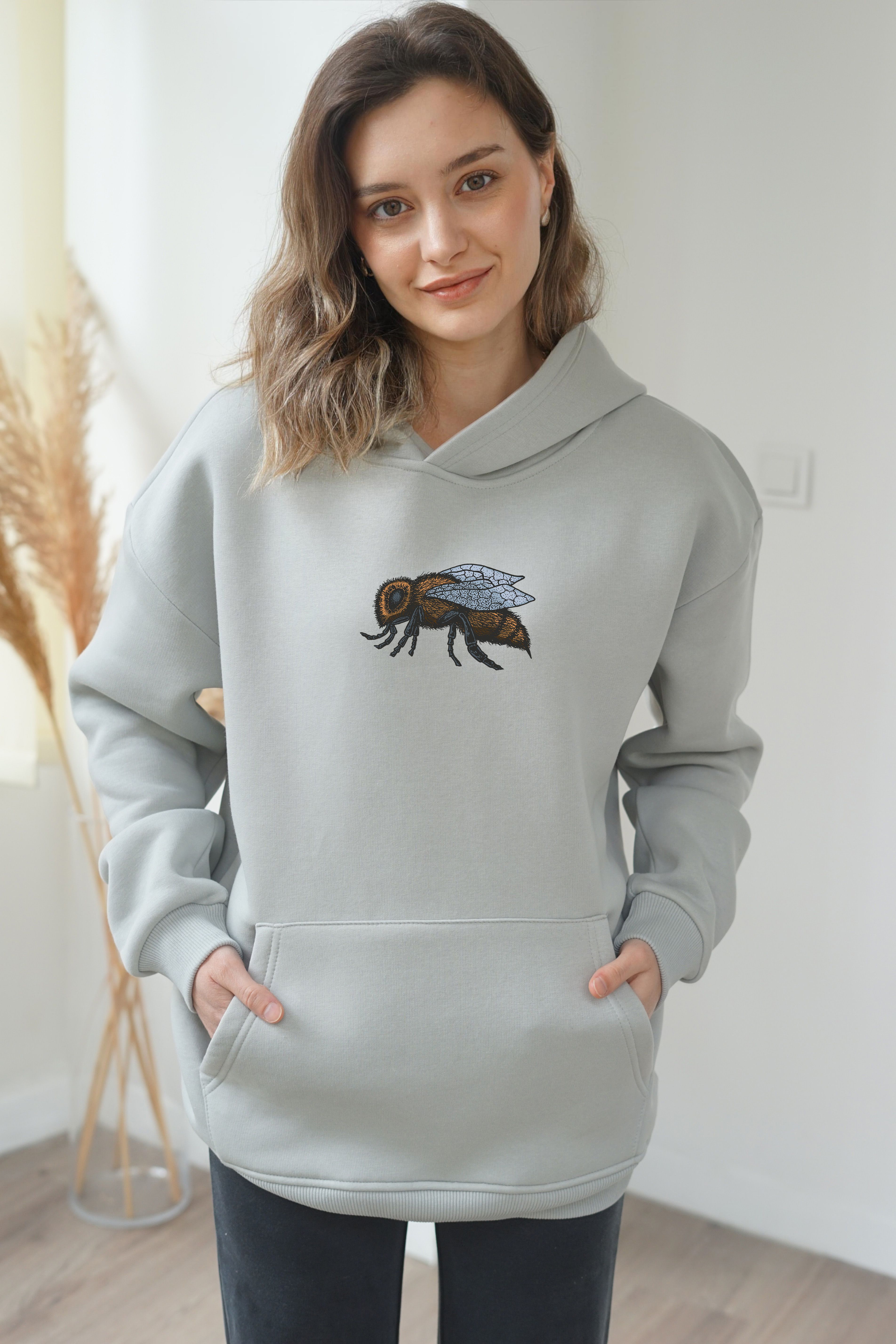 Unisex Bee Baskili Hoddie - Gri