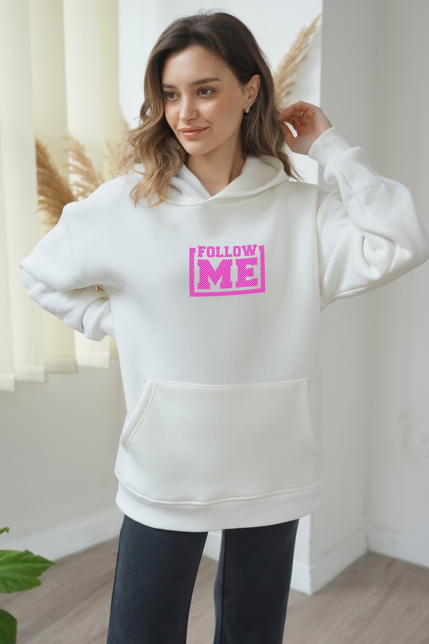 Unisex Follow Me Baskili Hoddie - Beyaz