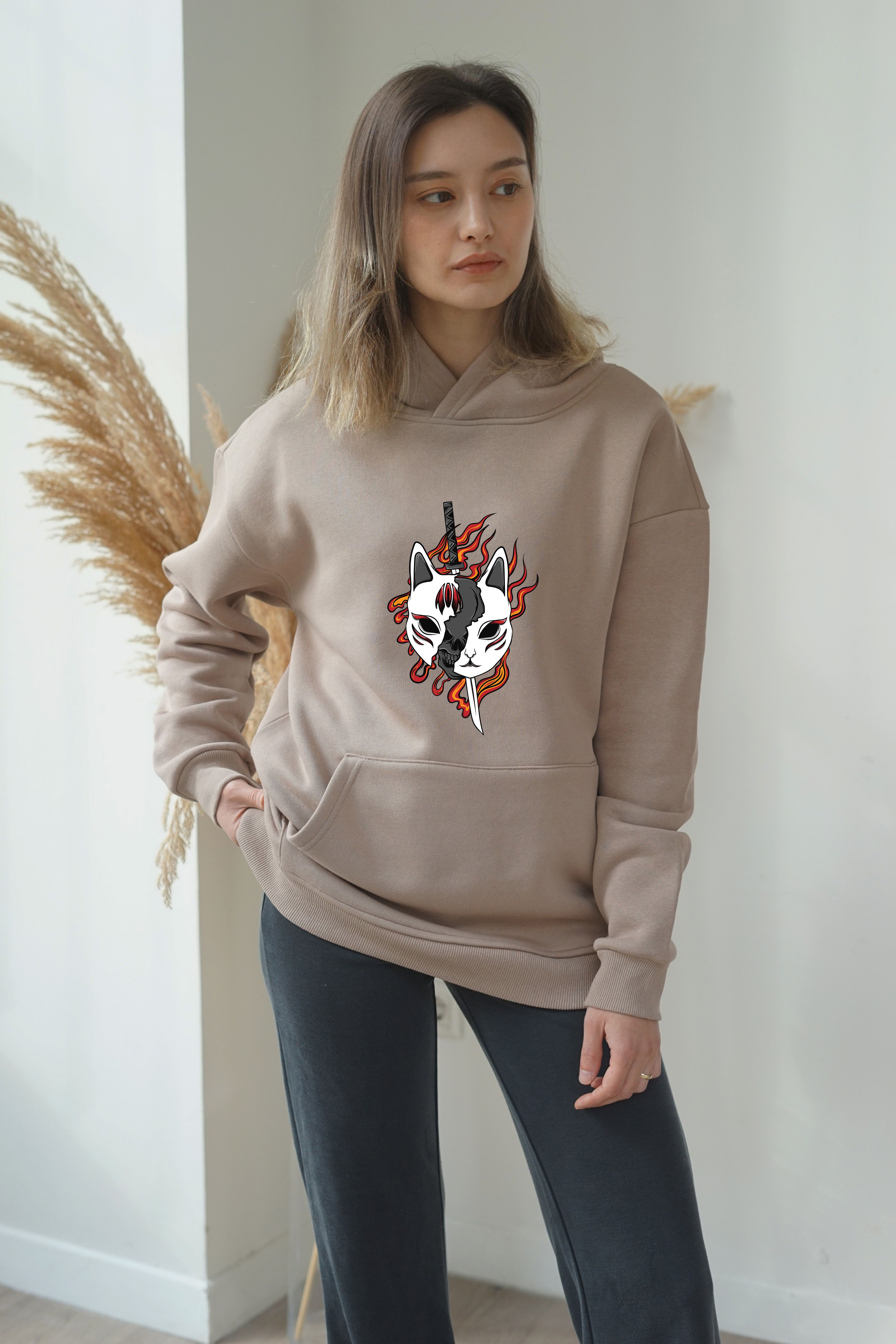 Unisex Kitsune Baskili Hoddie - Vizon