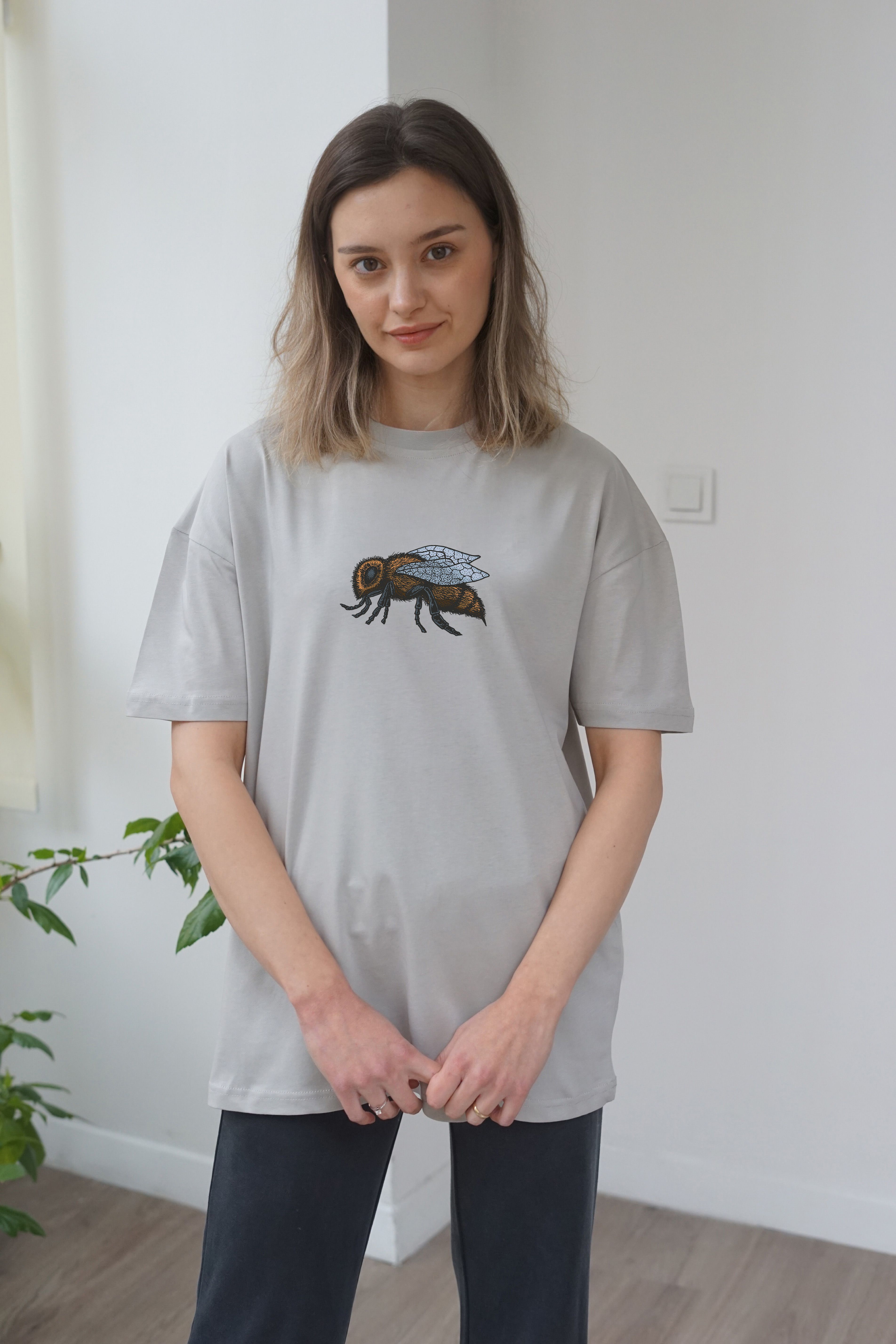 Unisex Bee Baskili T-Shirt - Gri