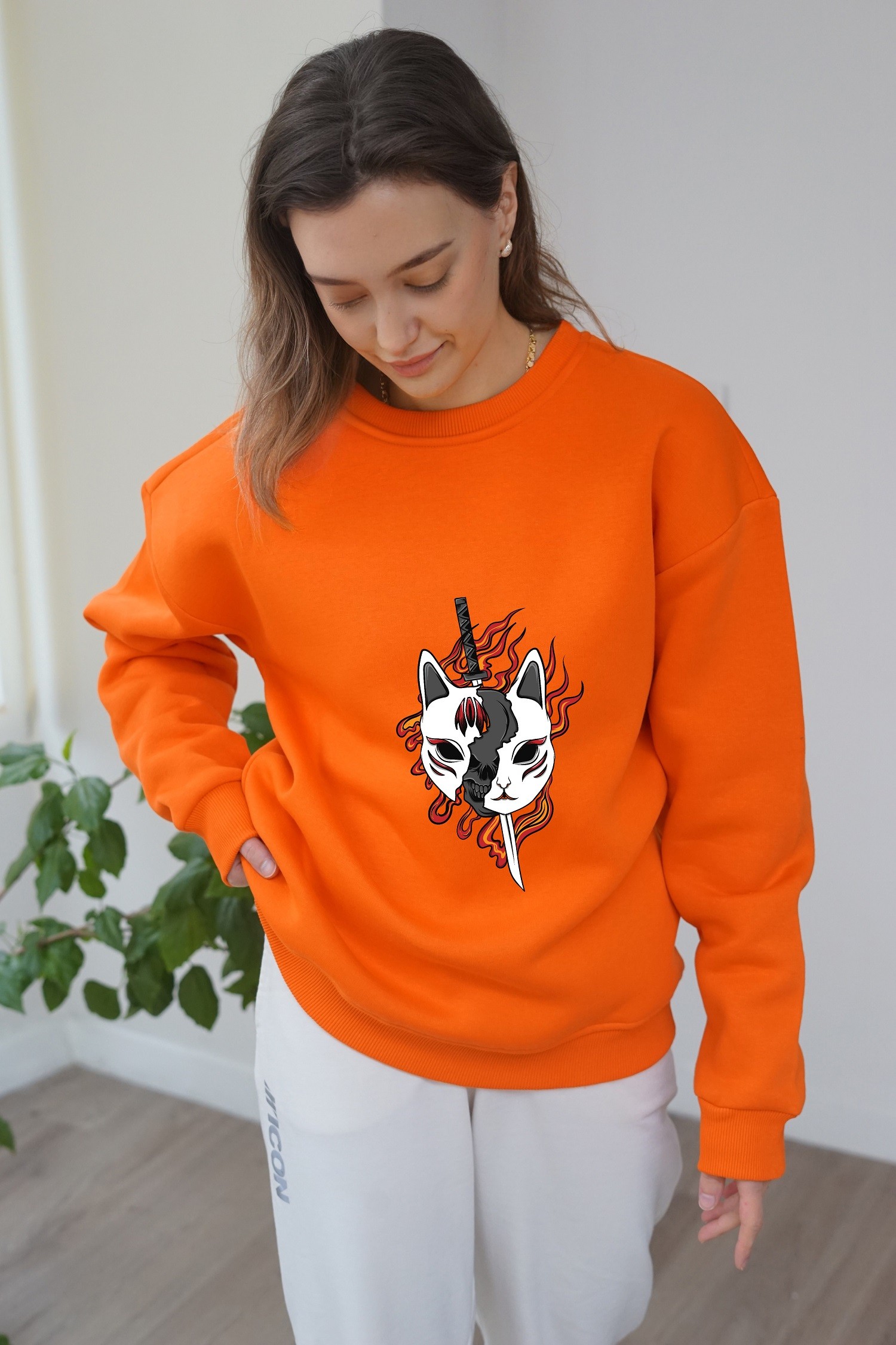 Unisex Kitsune Baskili Sweatshirt - Turuncu