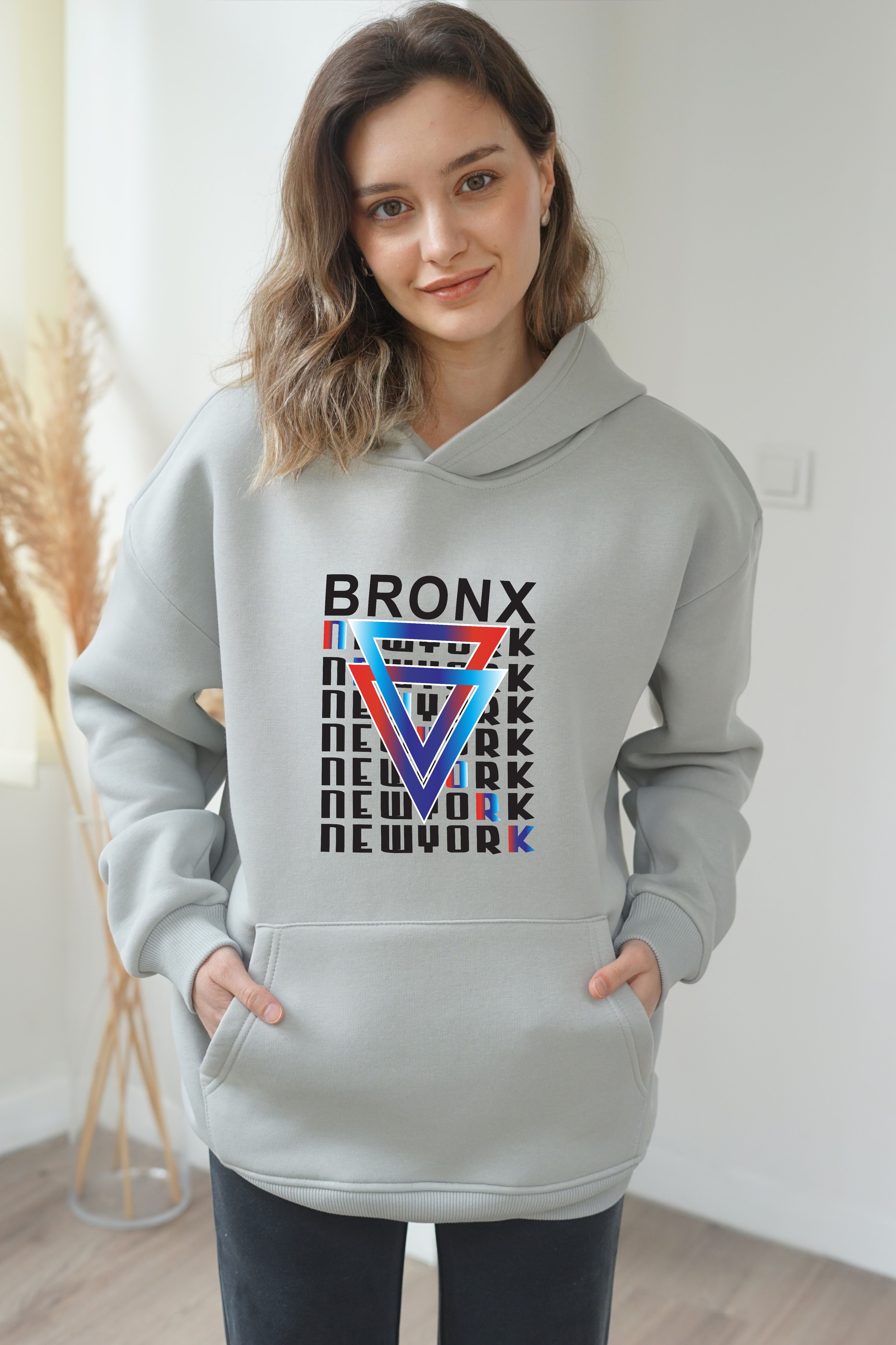 Unisex Newyork Baskili Hoddie - Gri