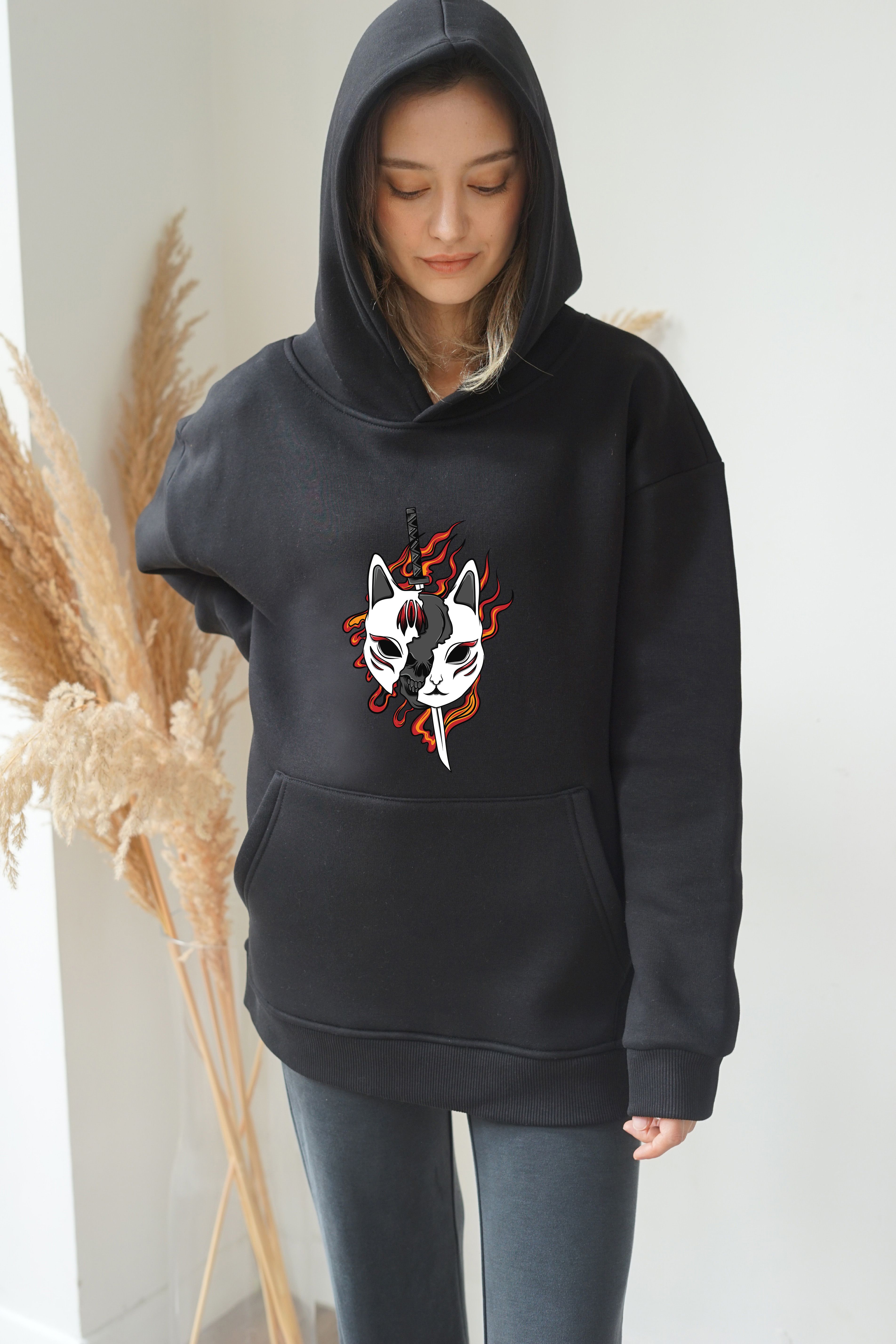 Unisex Kitsune Baskili Hoddie - Siyah