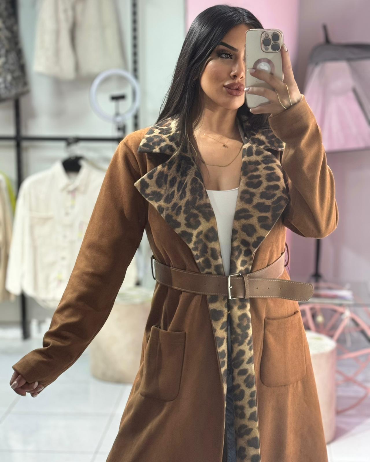 LEOPAR DESENLİ KEMERLİ TRENÇKOT
