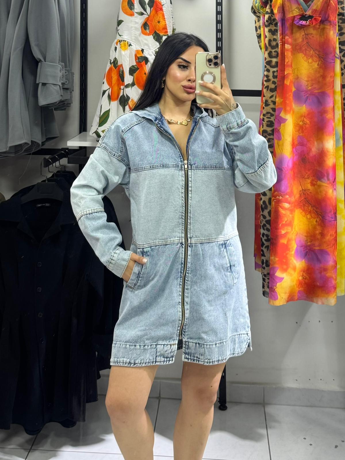 FERMUARLI KAPÜŞONLU KOT ELBİSE