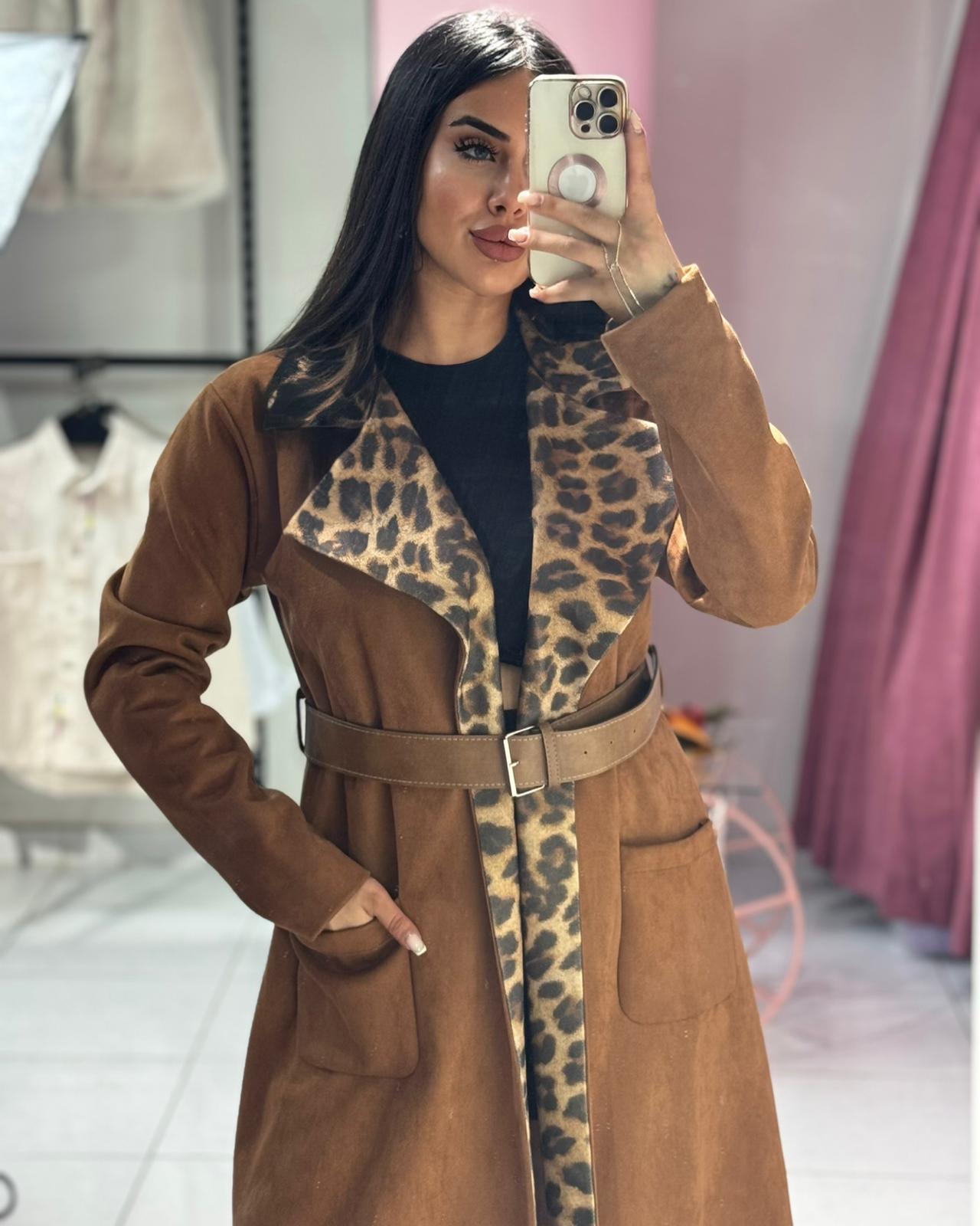 LEOPAR DESENLİ KEMERLİ TRENÇKOT - CAMEL