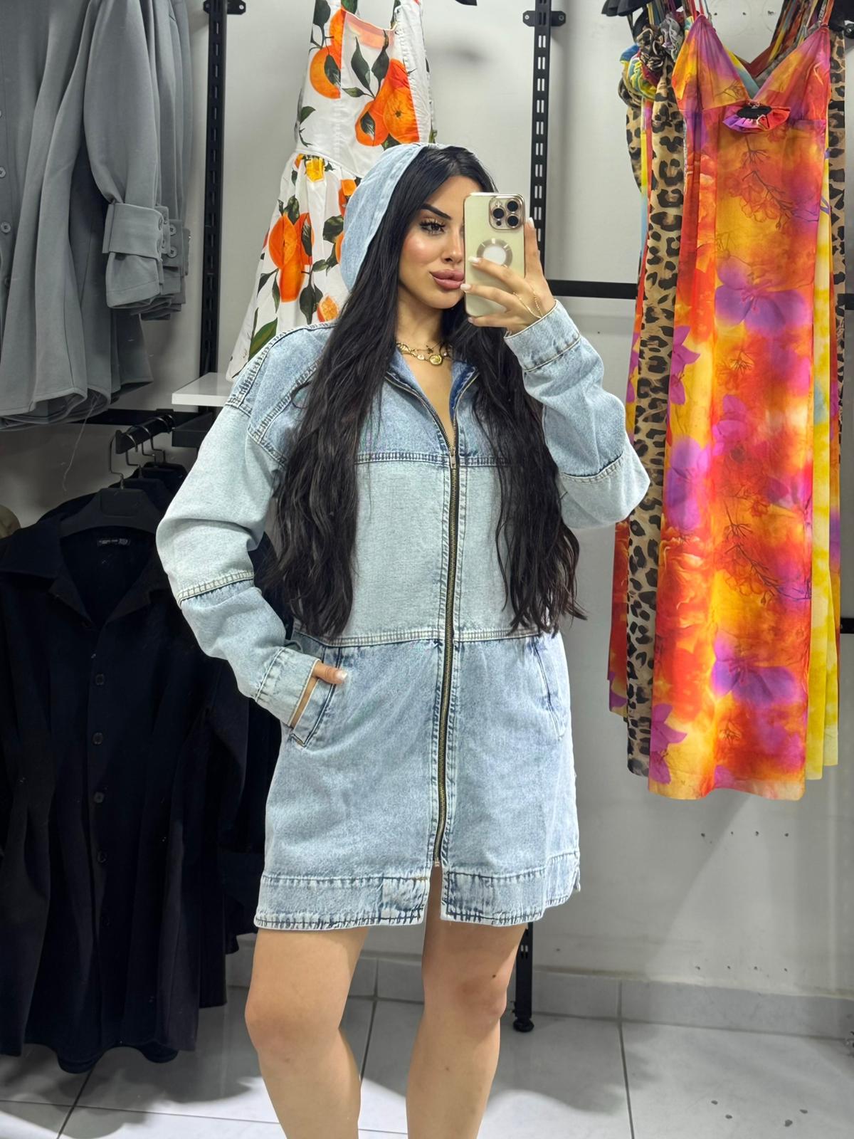 FERMUARLI KAPÜŞONLU KOT ELBİSE