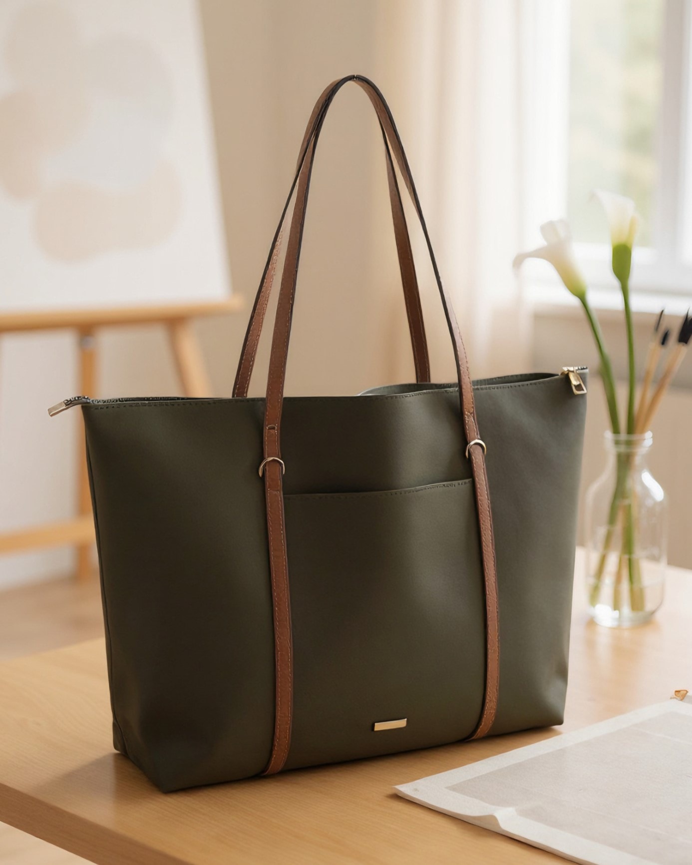 Kadın Şerit Askılı Shopper Omuz Çantası - Moka