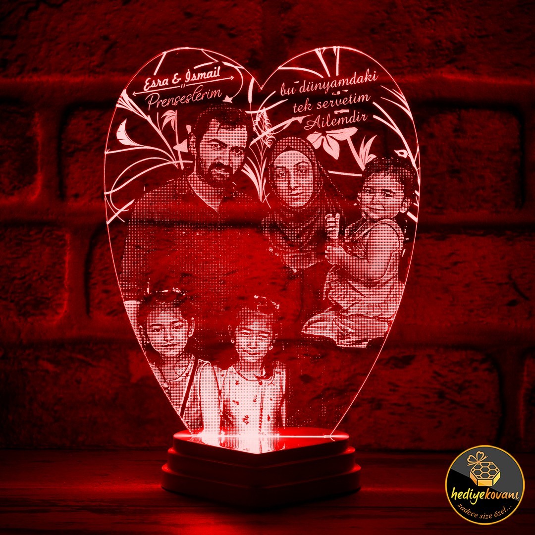 Aileye Hediye Anne Baba Çocuk Fotoğraflı 3D Lamba