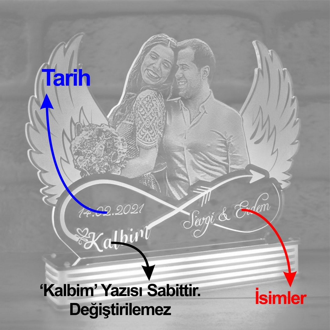 Melek Kanatlı 3D Resimli Lamba, Sevgililer Günü Hediyesi