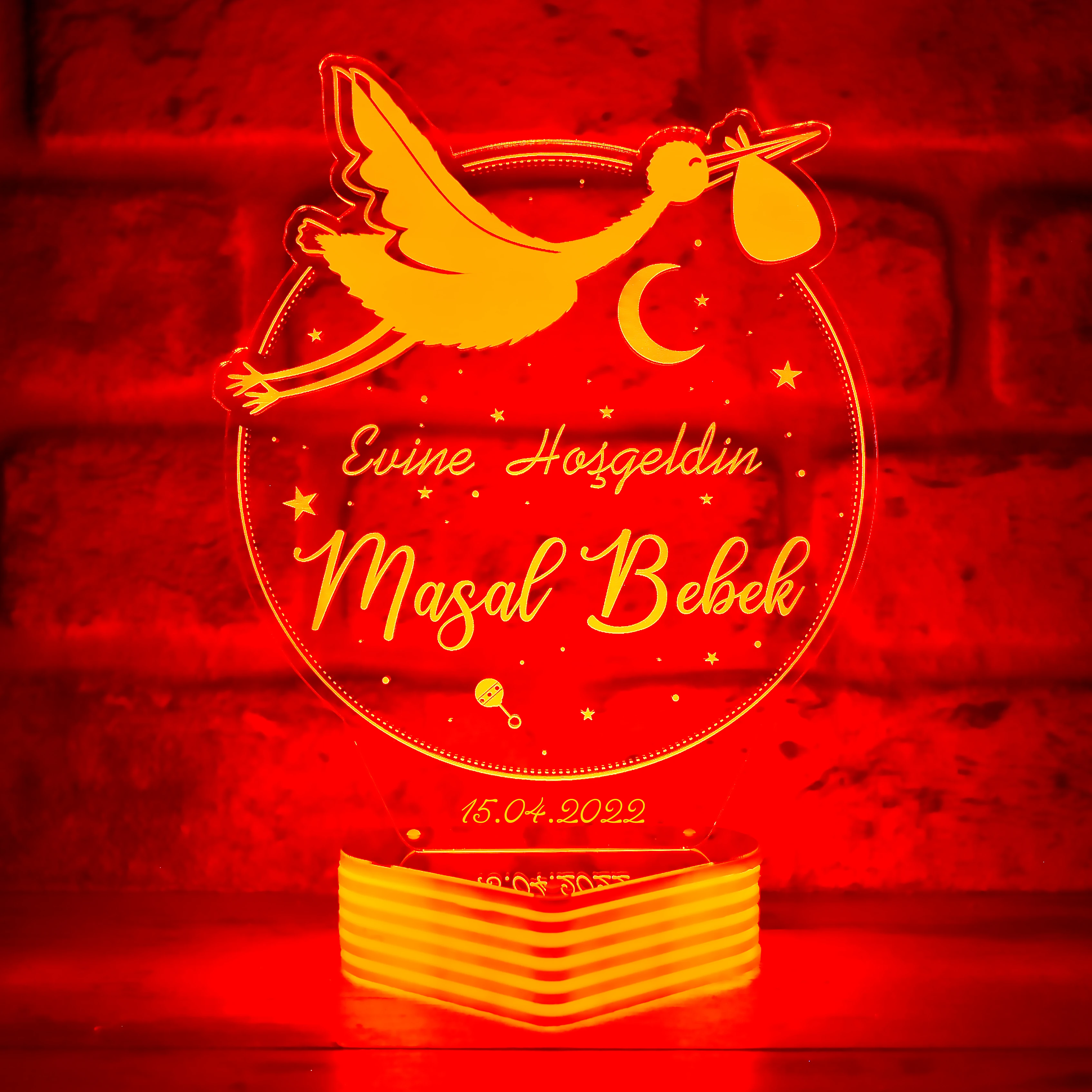 Kişiye Özel Yeni Doğan Bebek Hediyesi , Leylekli İsimli Bebek Hediyesi 3D Lamba